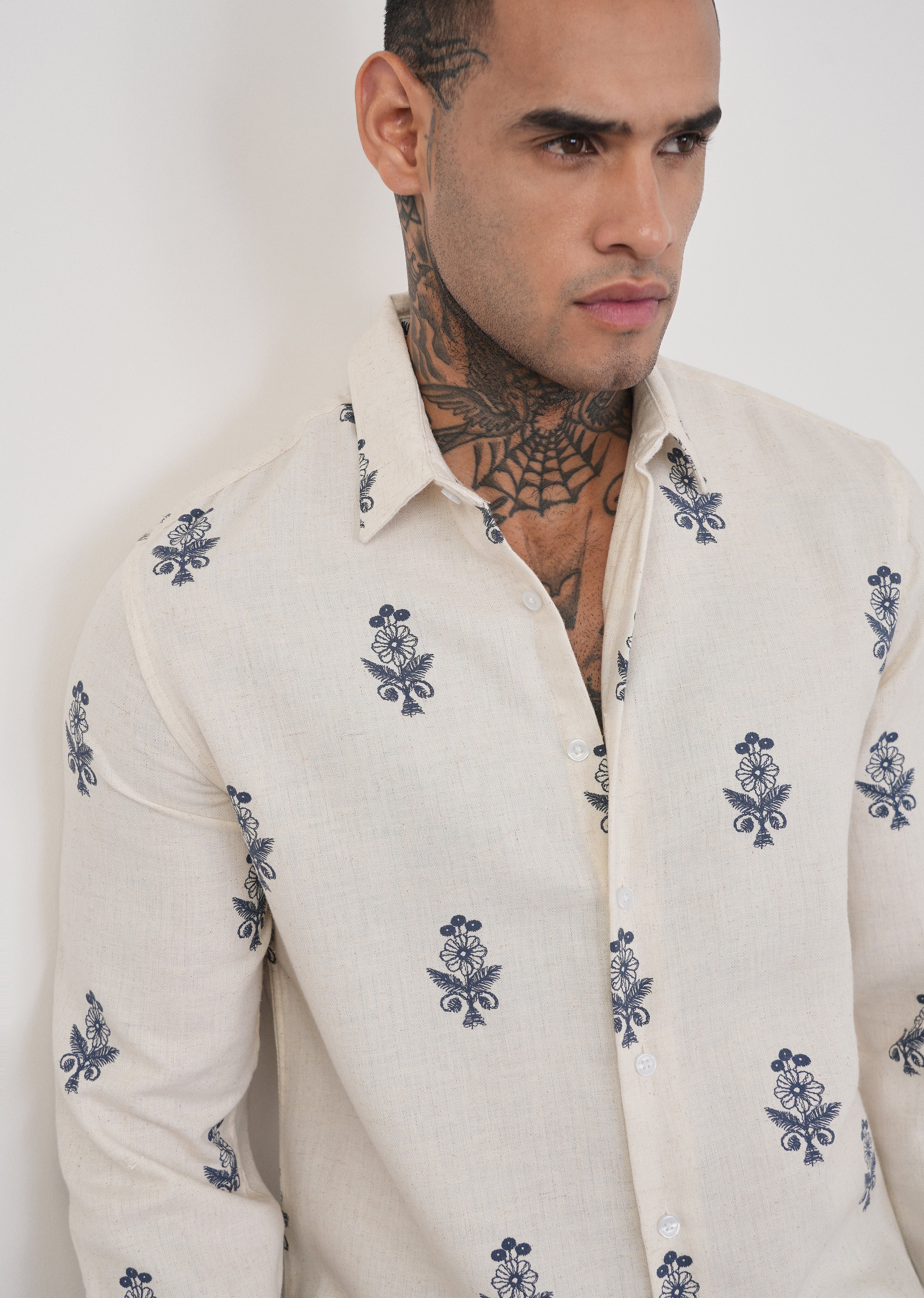 Beige Blended Linen Floral Print Shirt