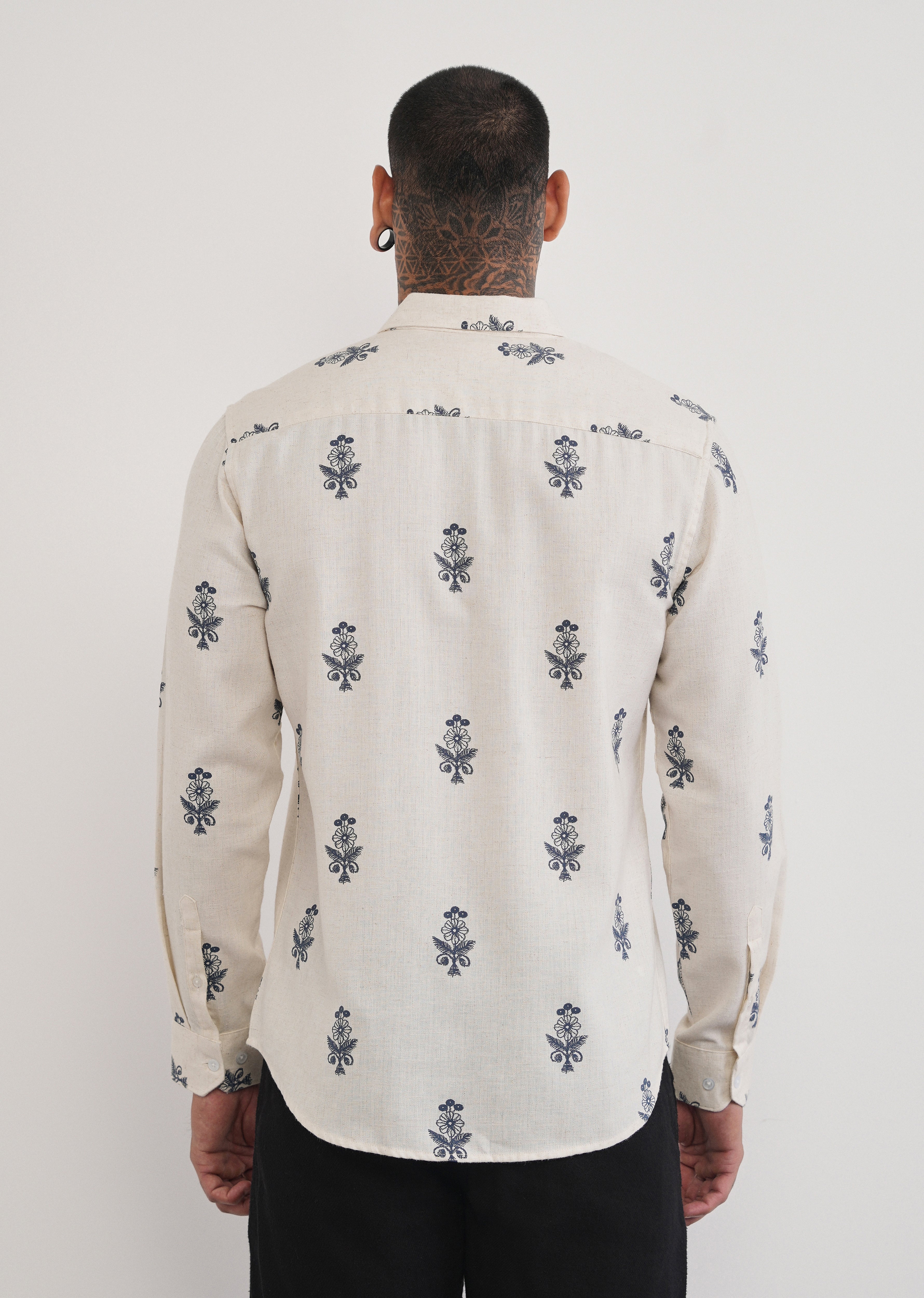 Beige Blended Linen Floral Print Shirt
