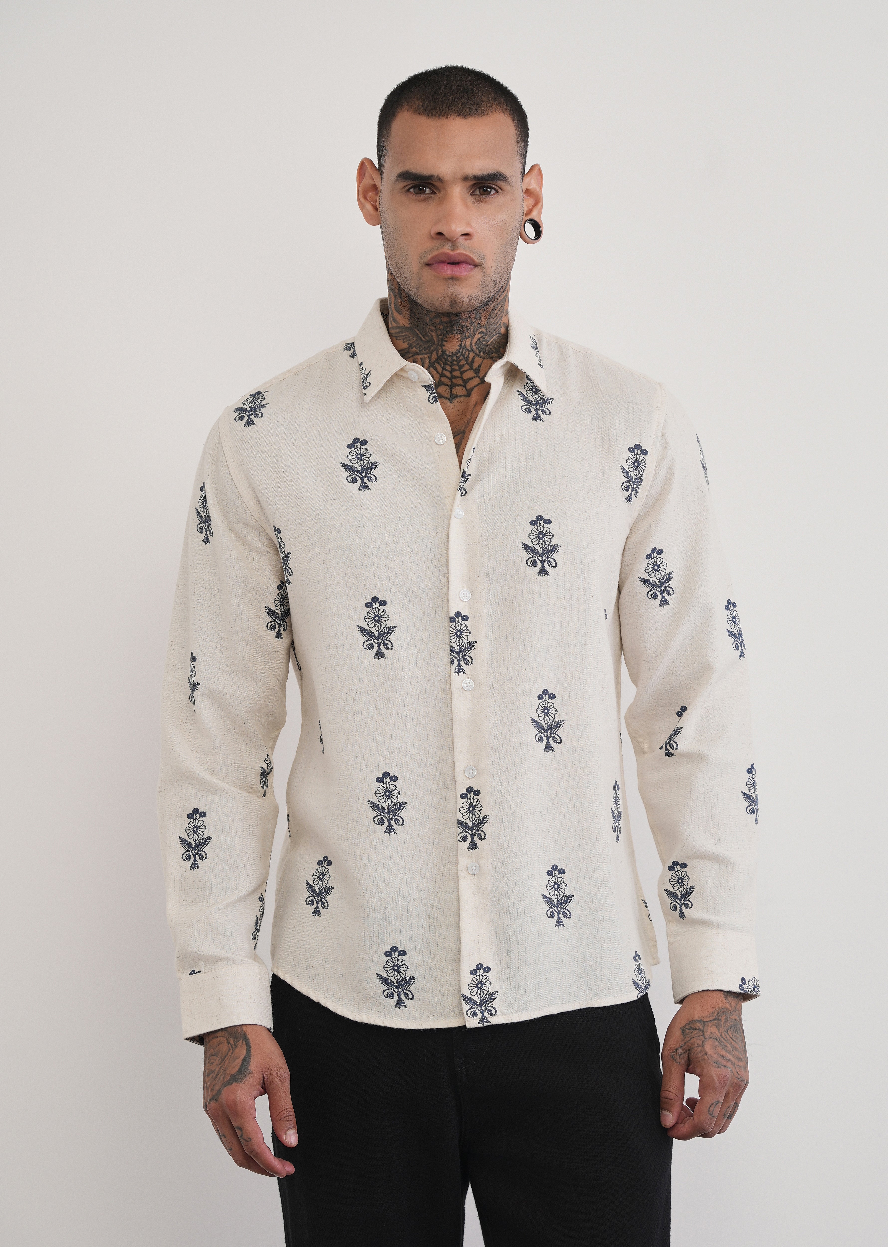 Beige Blended Linen Floral Print Shirt