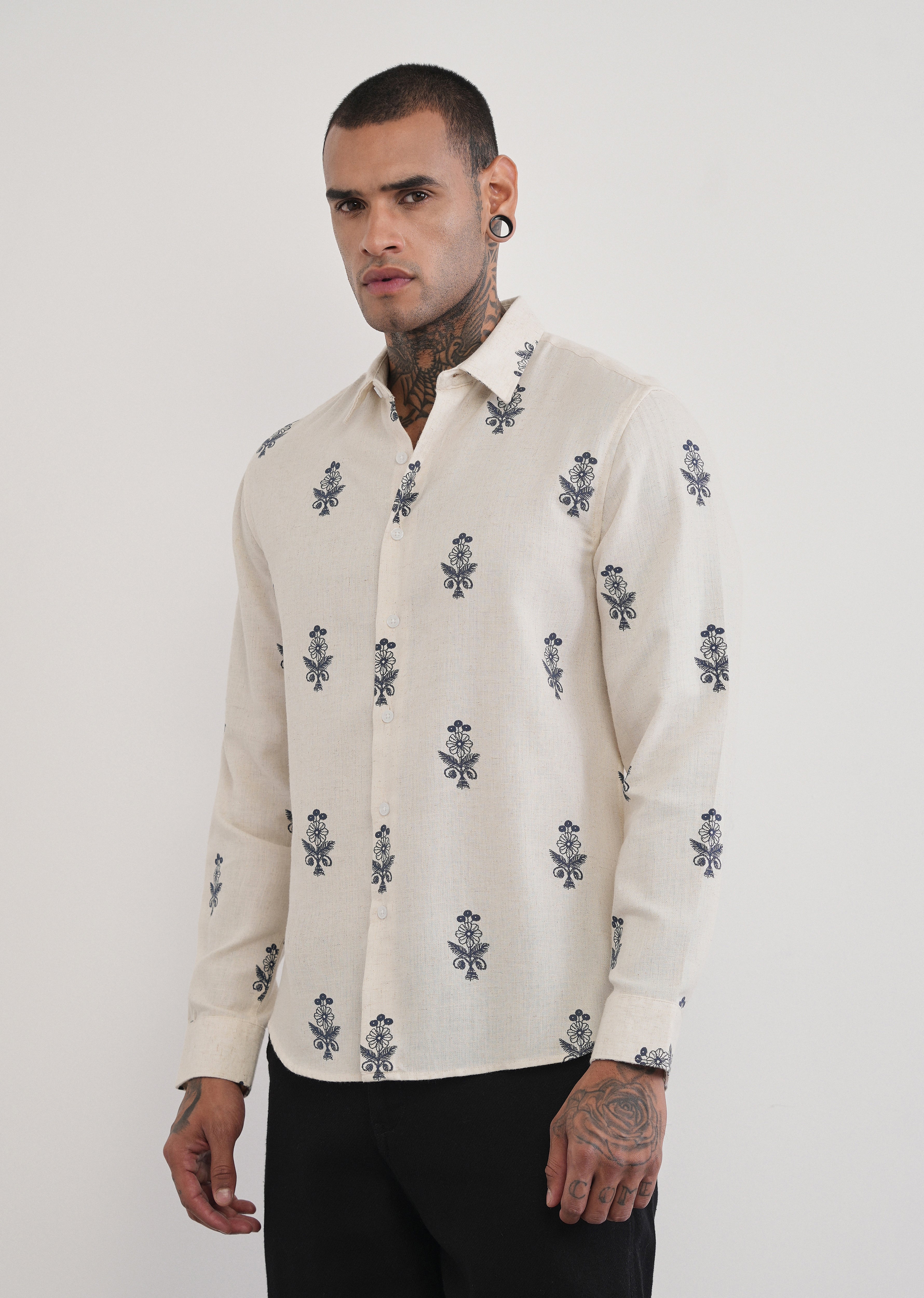 Beige Blended Linen Floral Print Shirt