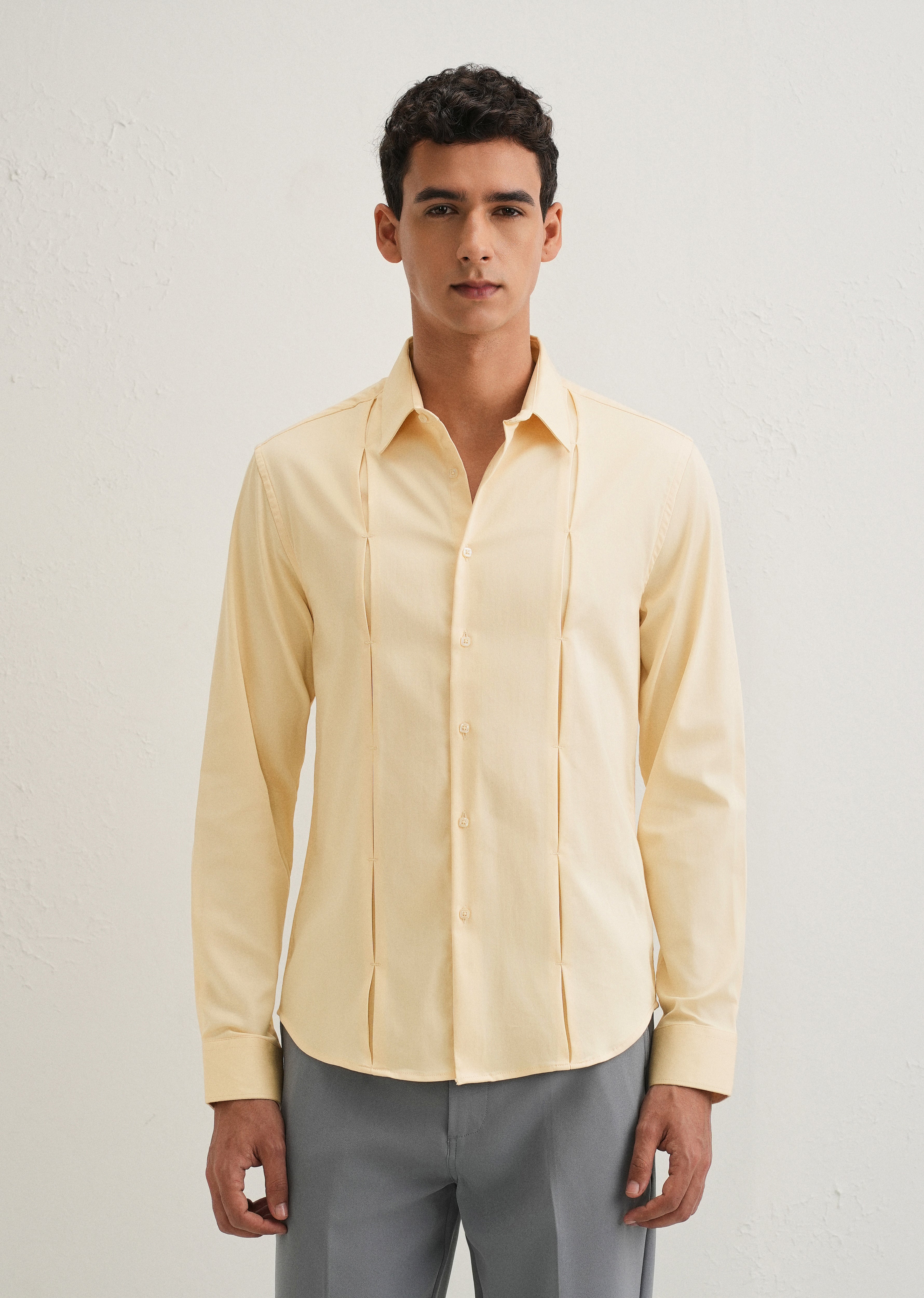 Beige Front Panel Open Pleat Shirt