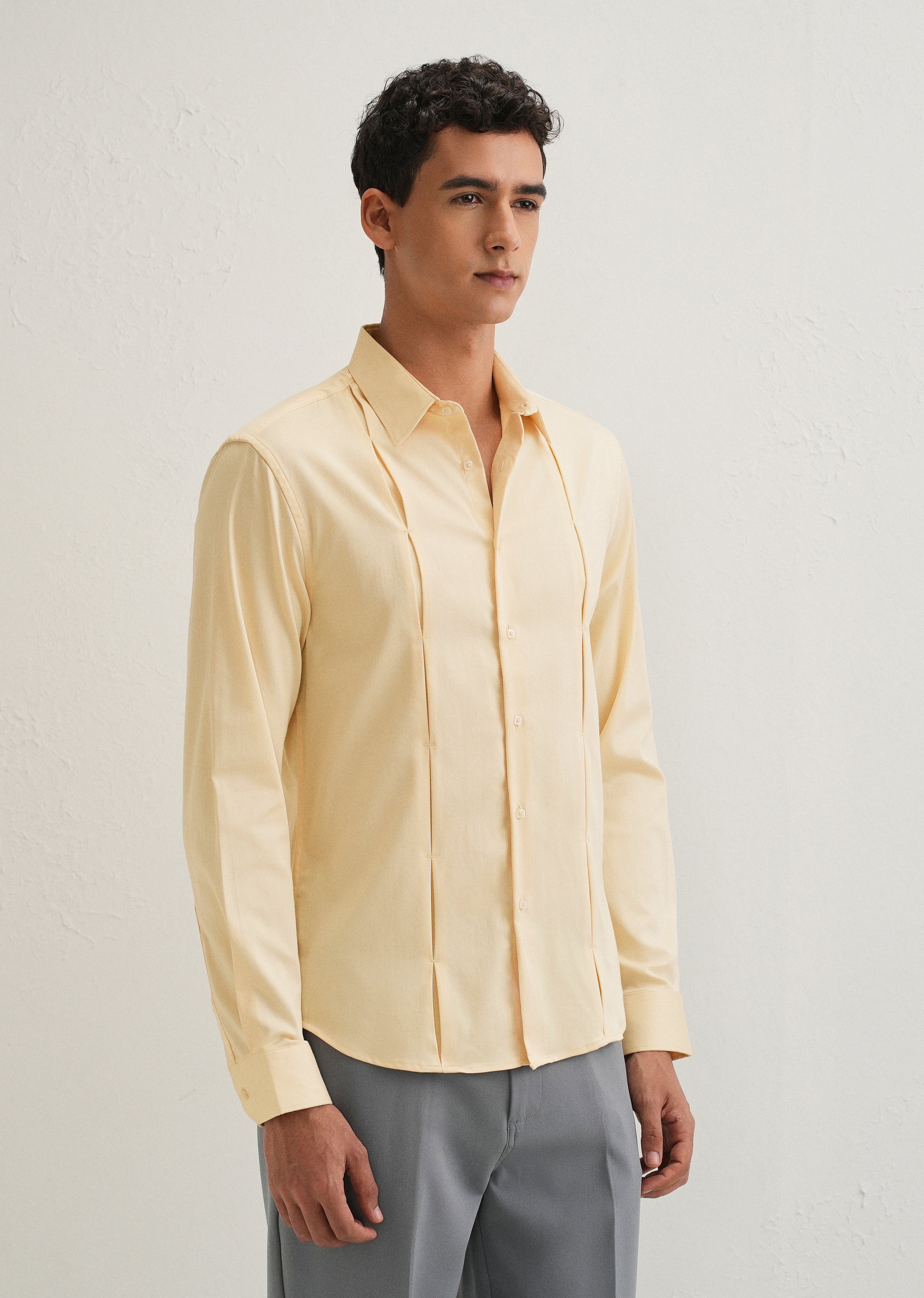 Beige Front Panel Open Pleat Shirt