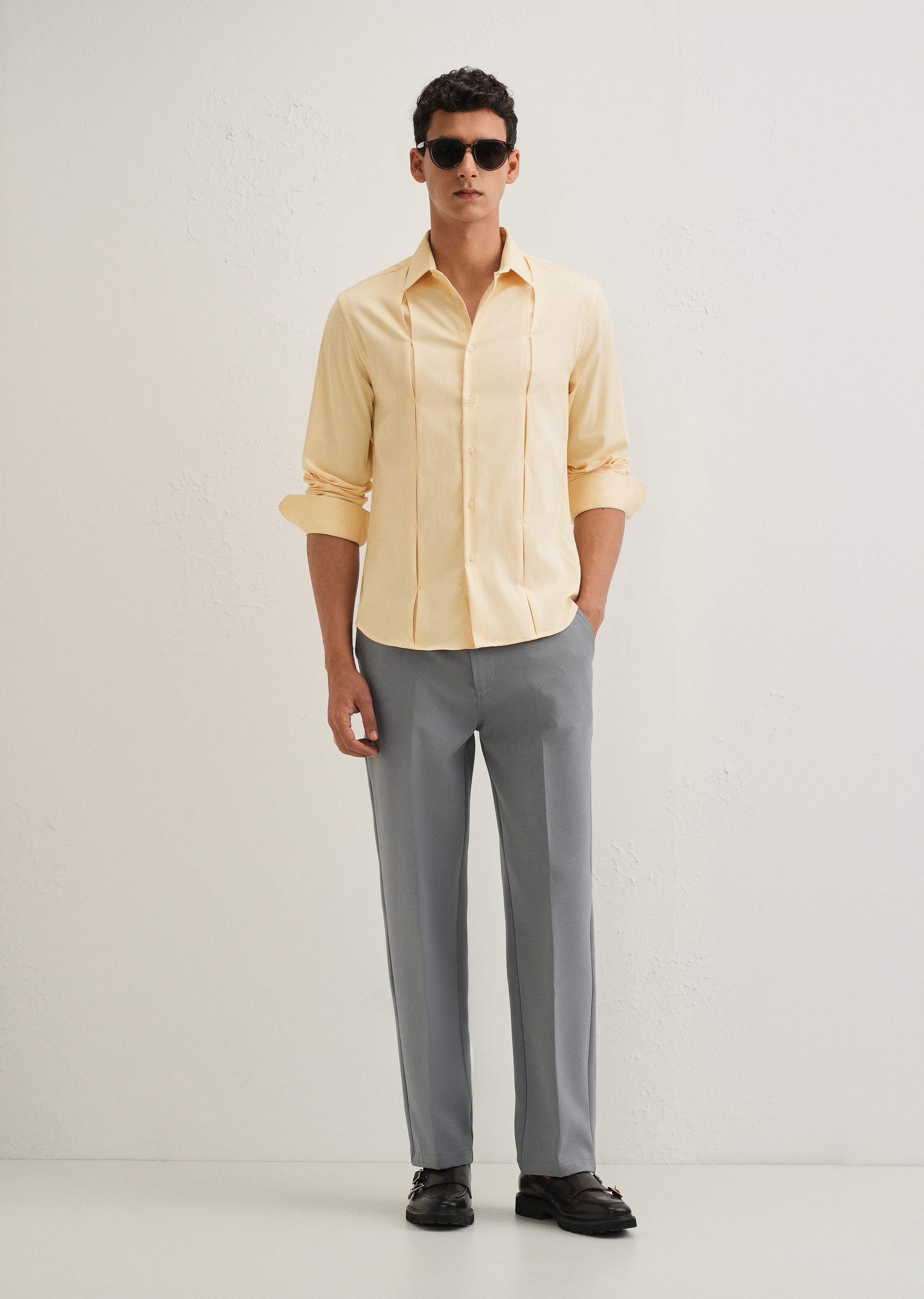 Beige Front Panel Open Pleat Shirt