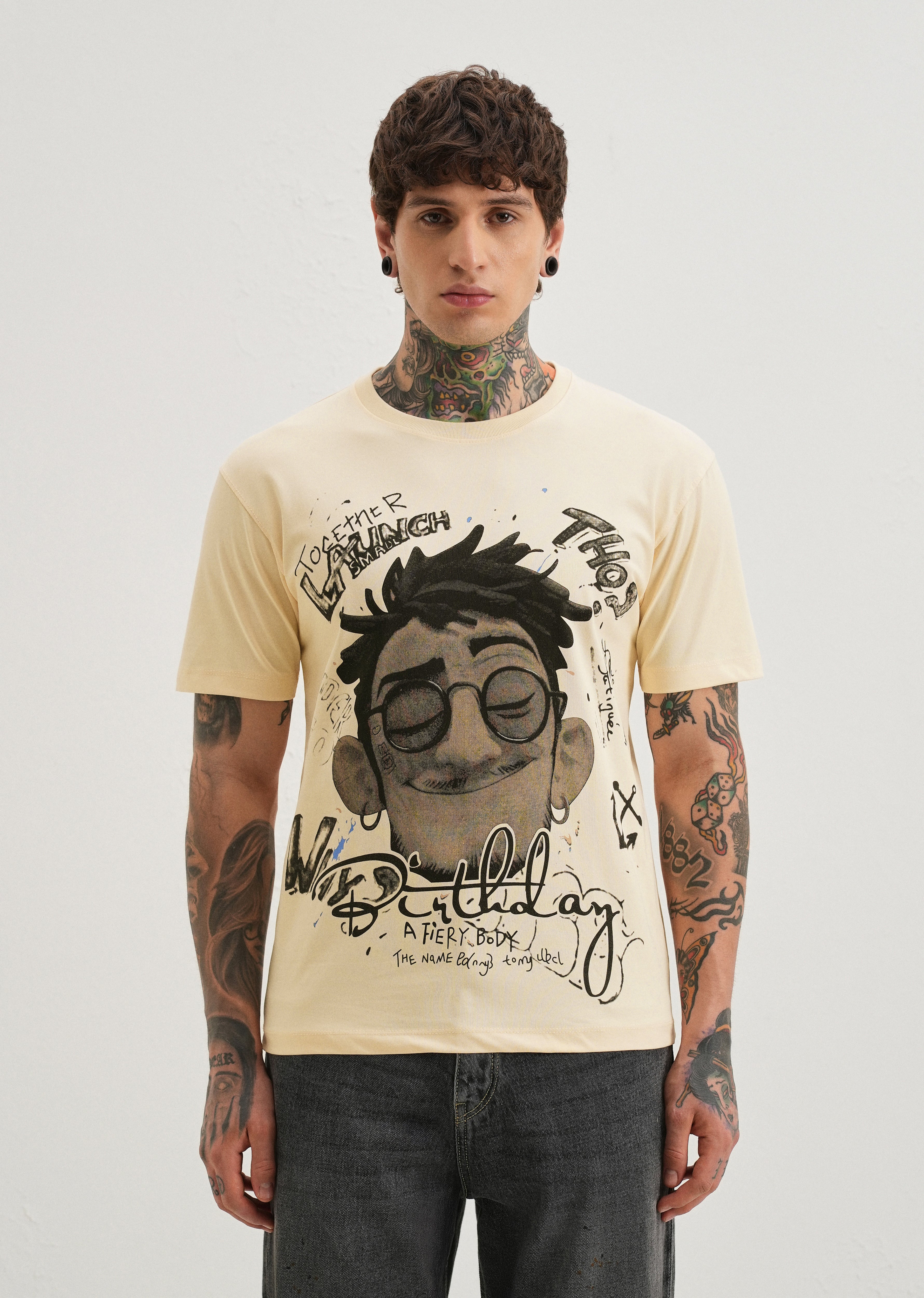 Beige Graphic Printed T-shirt