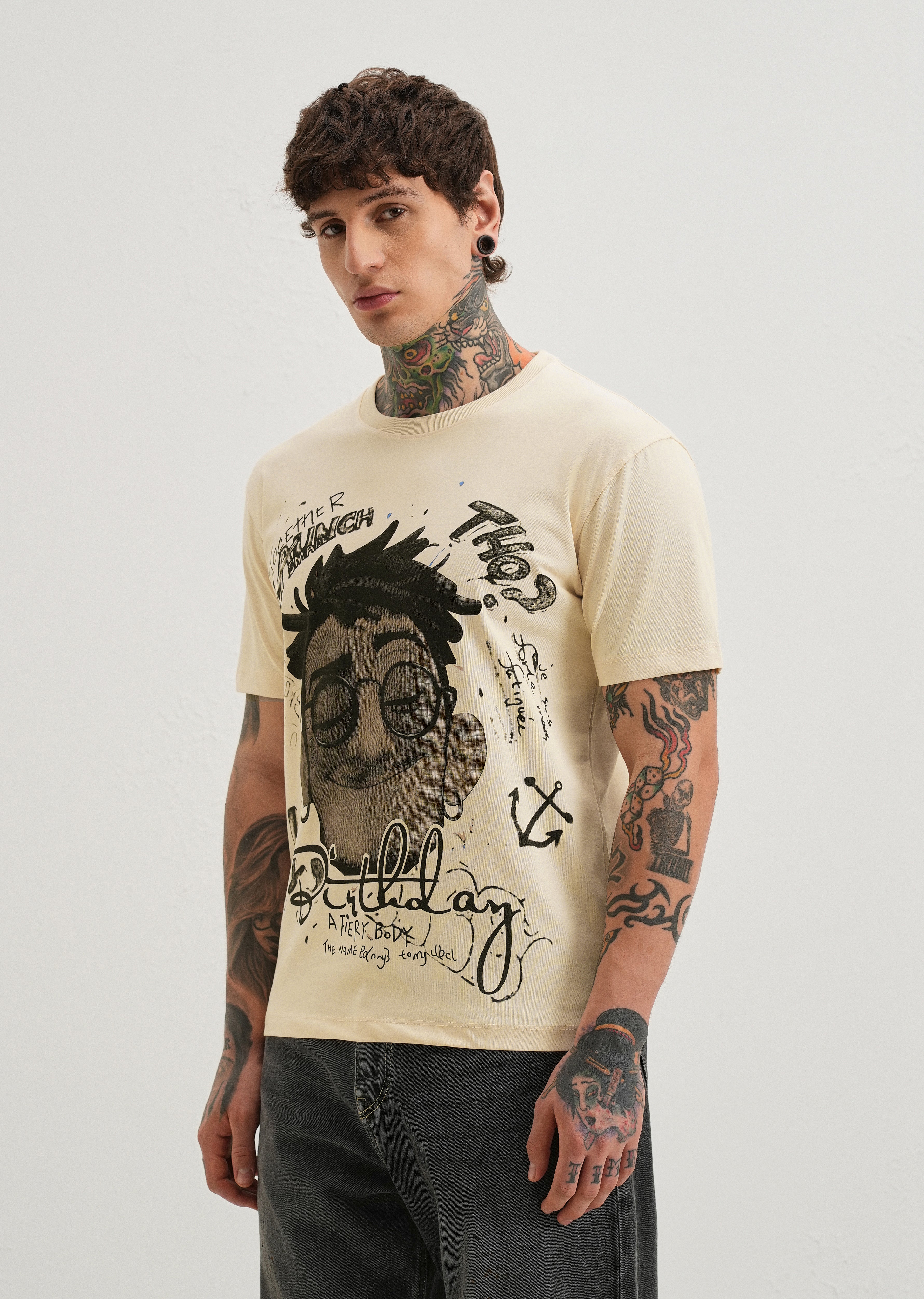 Beige Graphic Printed T-shirt