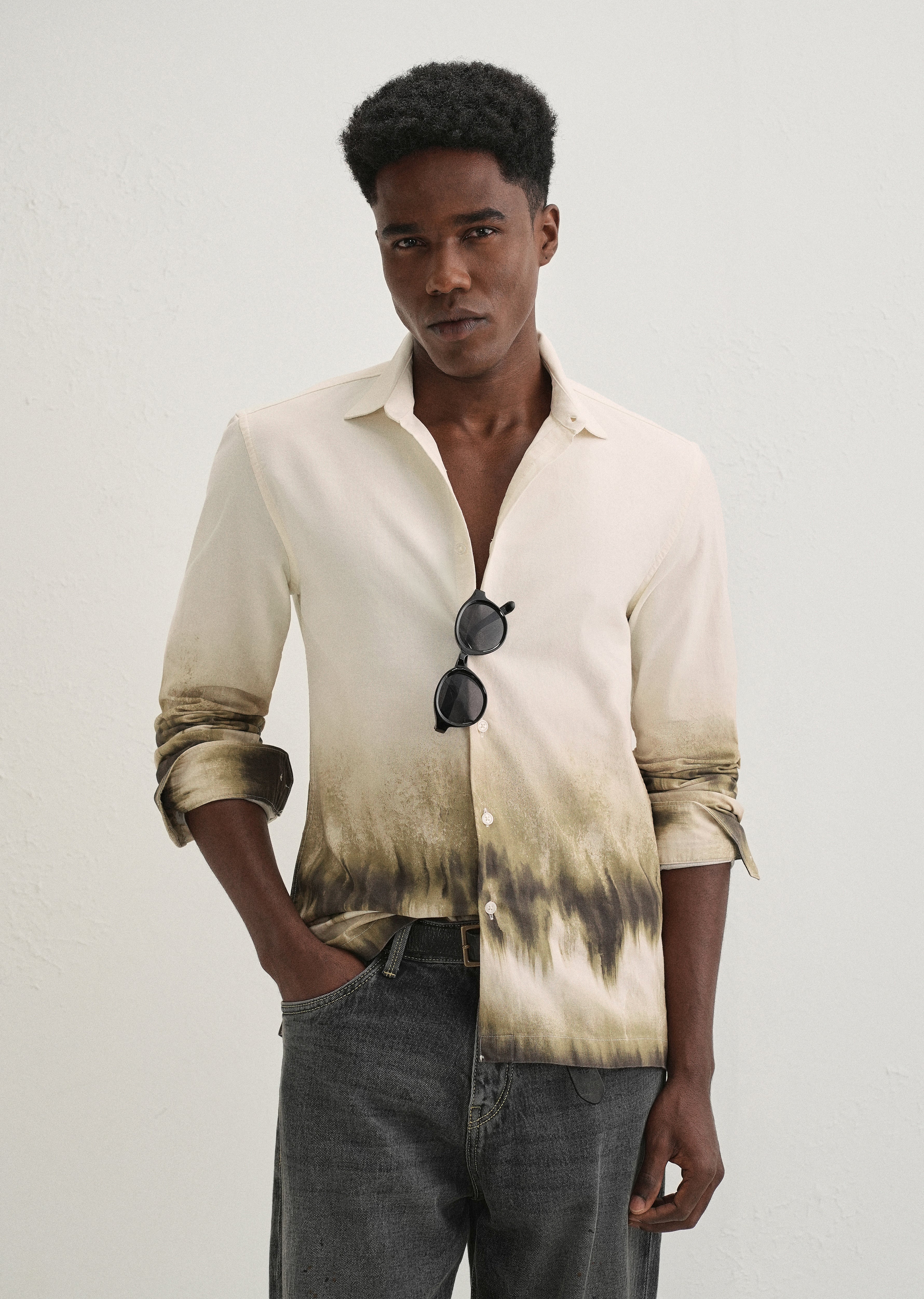 Beige Green Gradient Printed Shirt