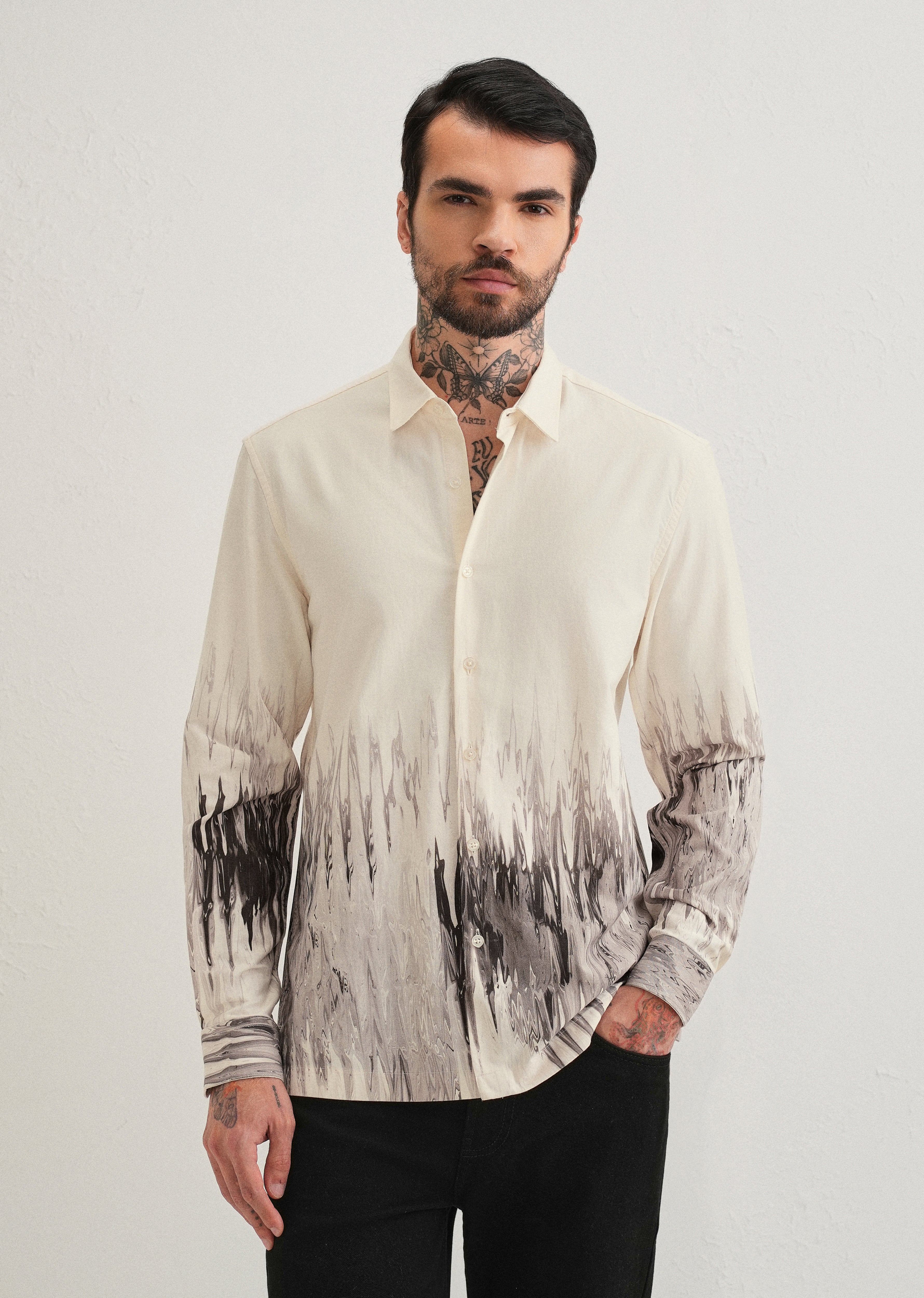 Beige Grey Ripple Printed Shirt