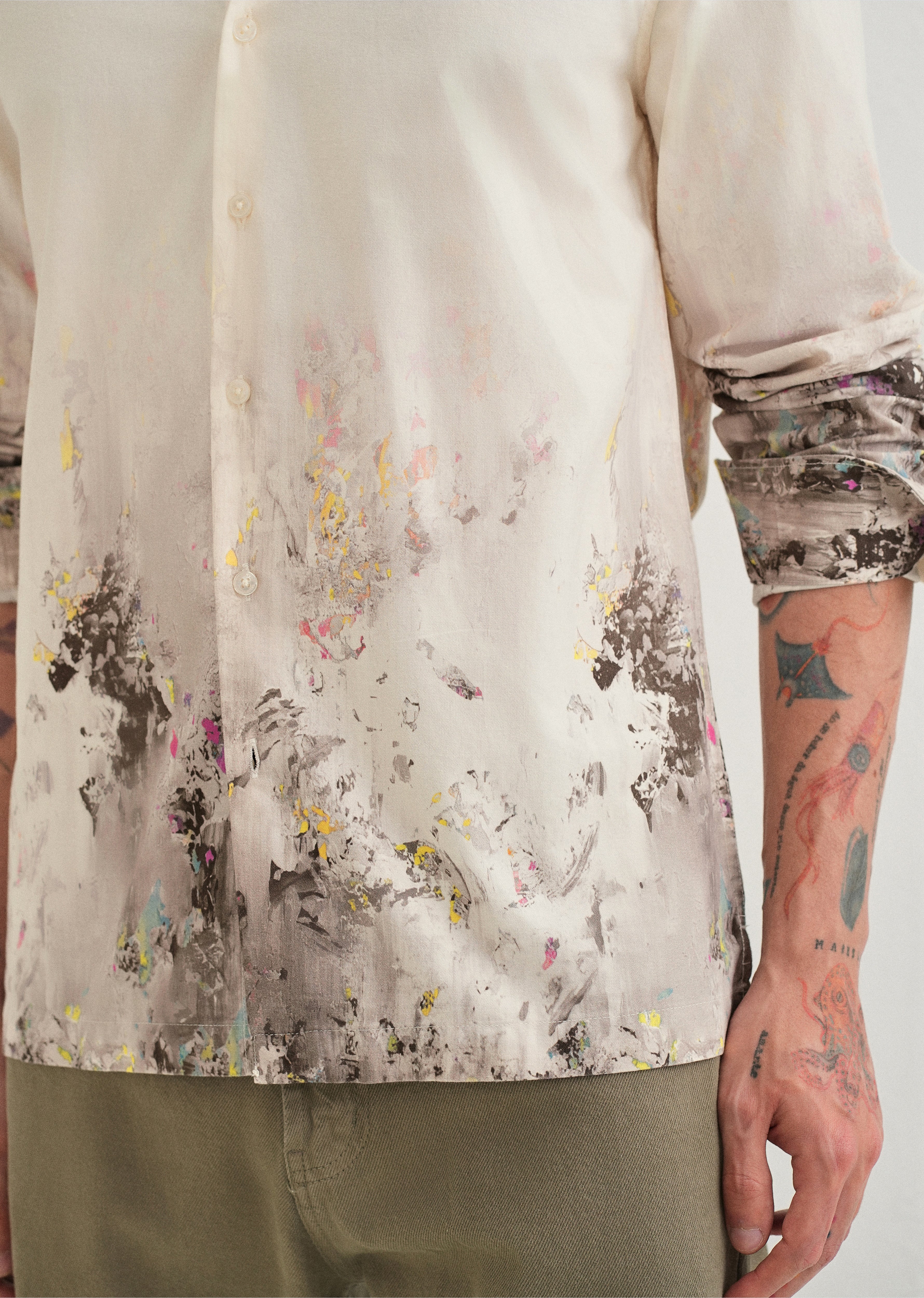 Beige Grey Splatter Printed Shirt