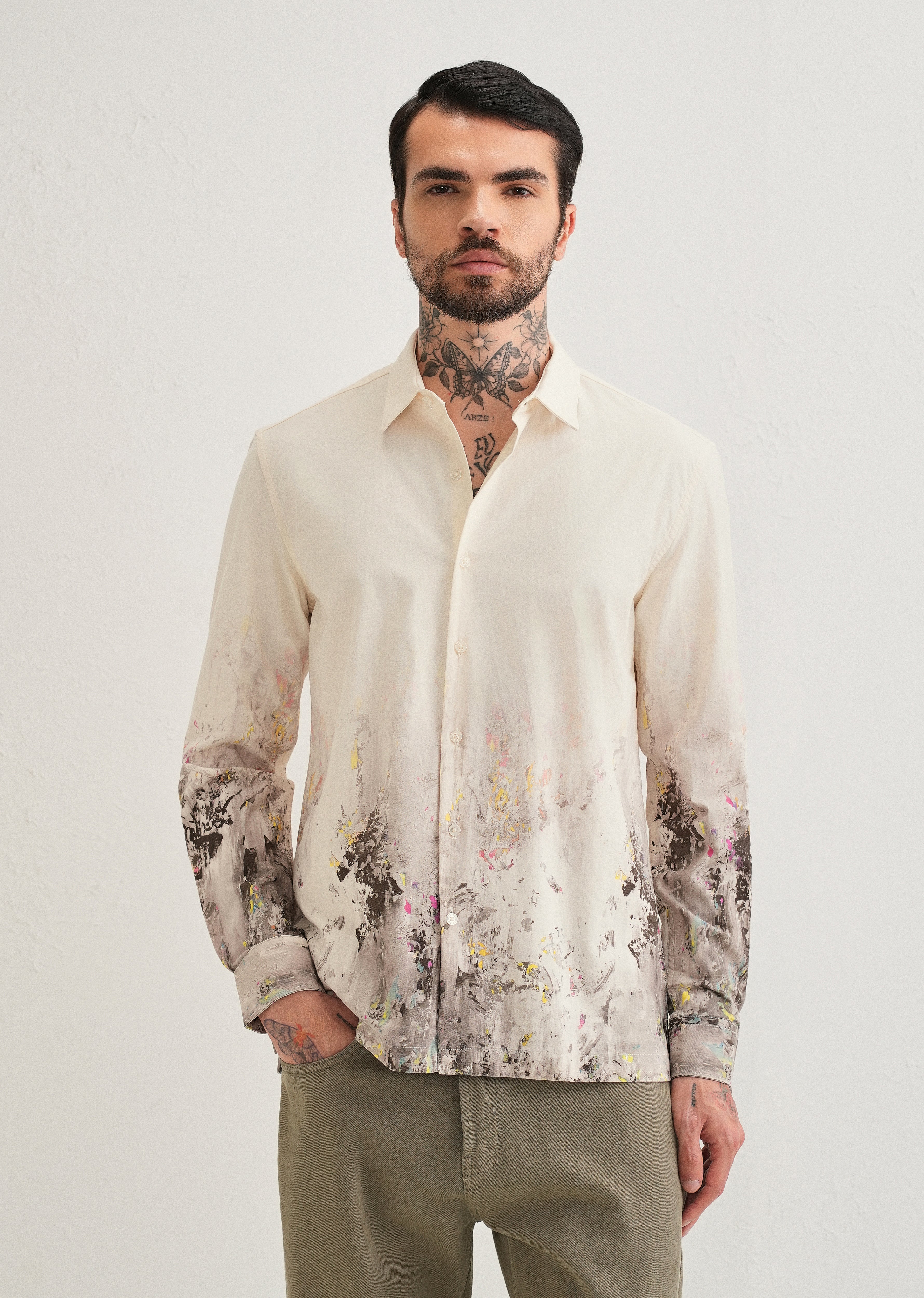 Beige Grey Splatter Printed Shirt