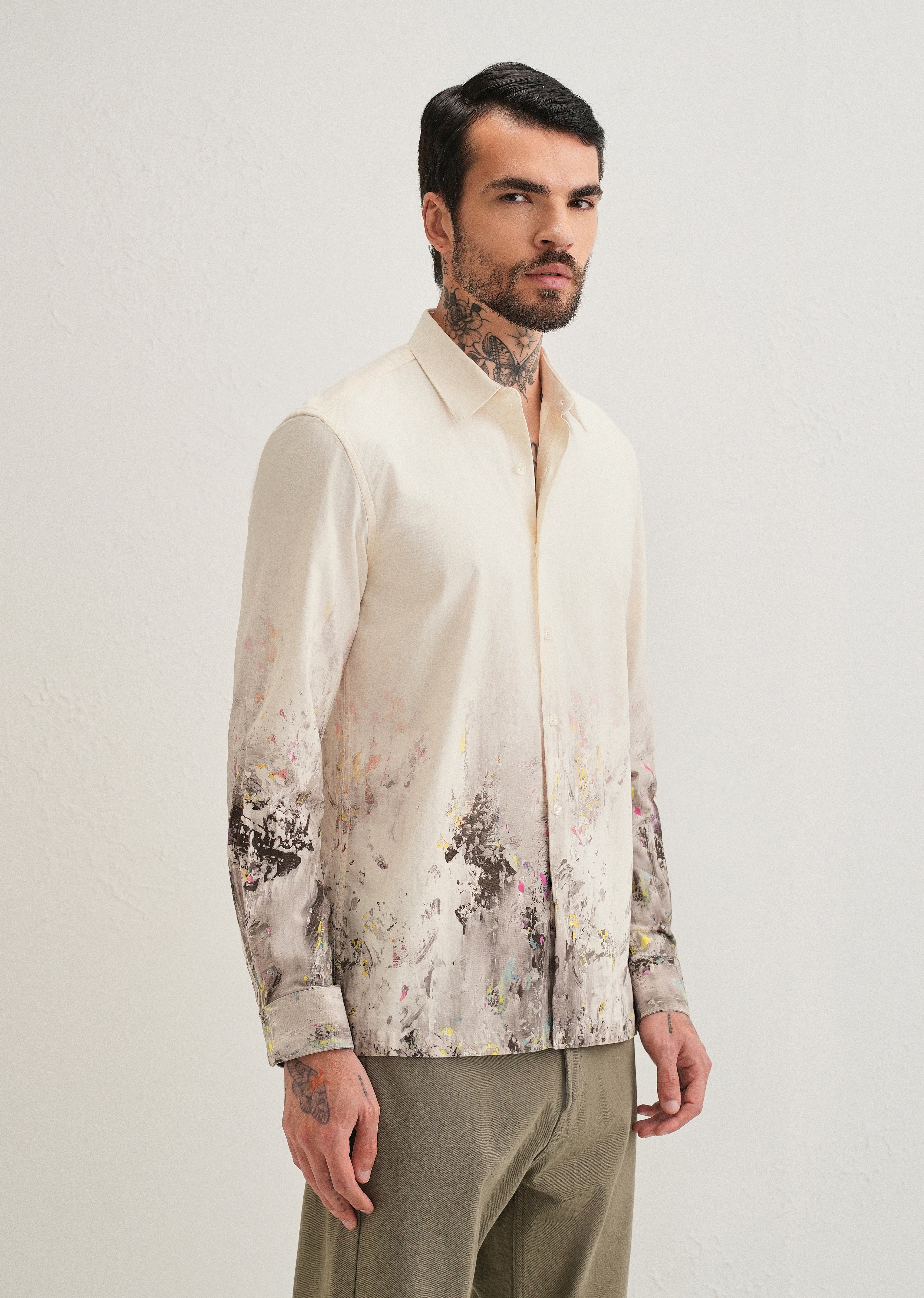 Beige Grey Splatter Printed Shirt