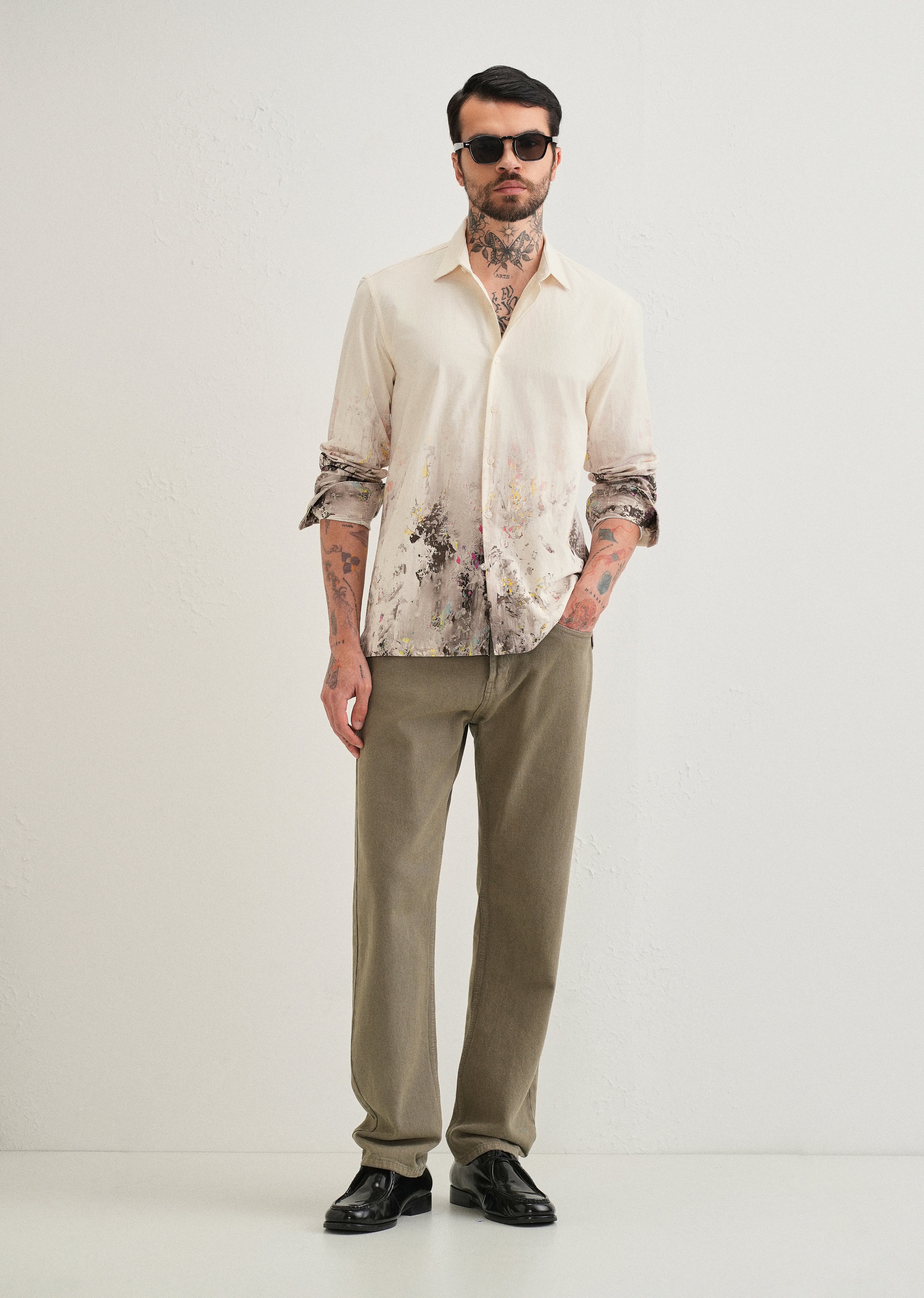 Beige Grey Splatter Printed Shirt