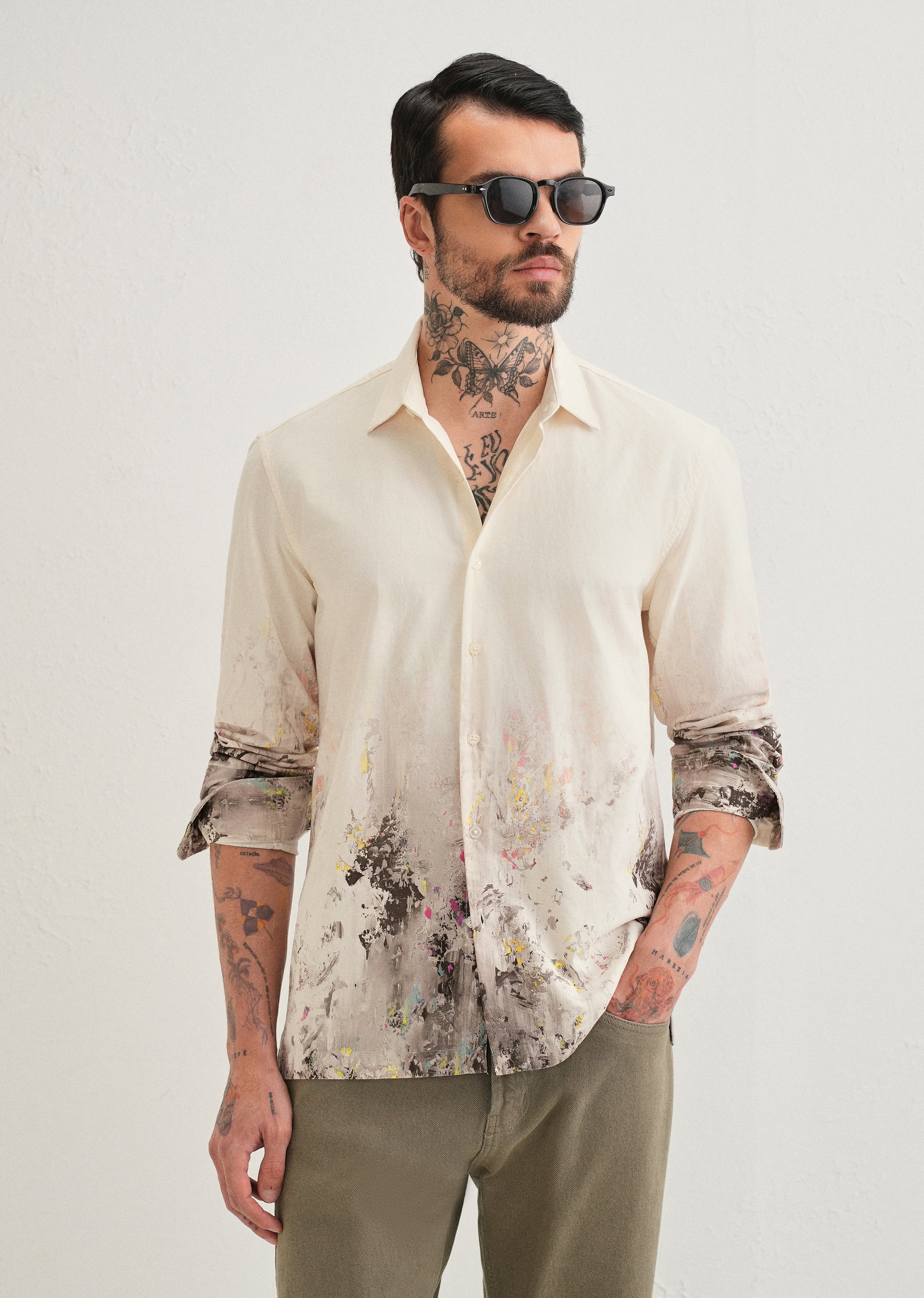 Beige Grey Splatter Printed Shirt