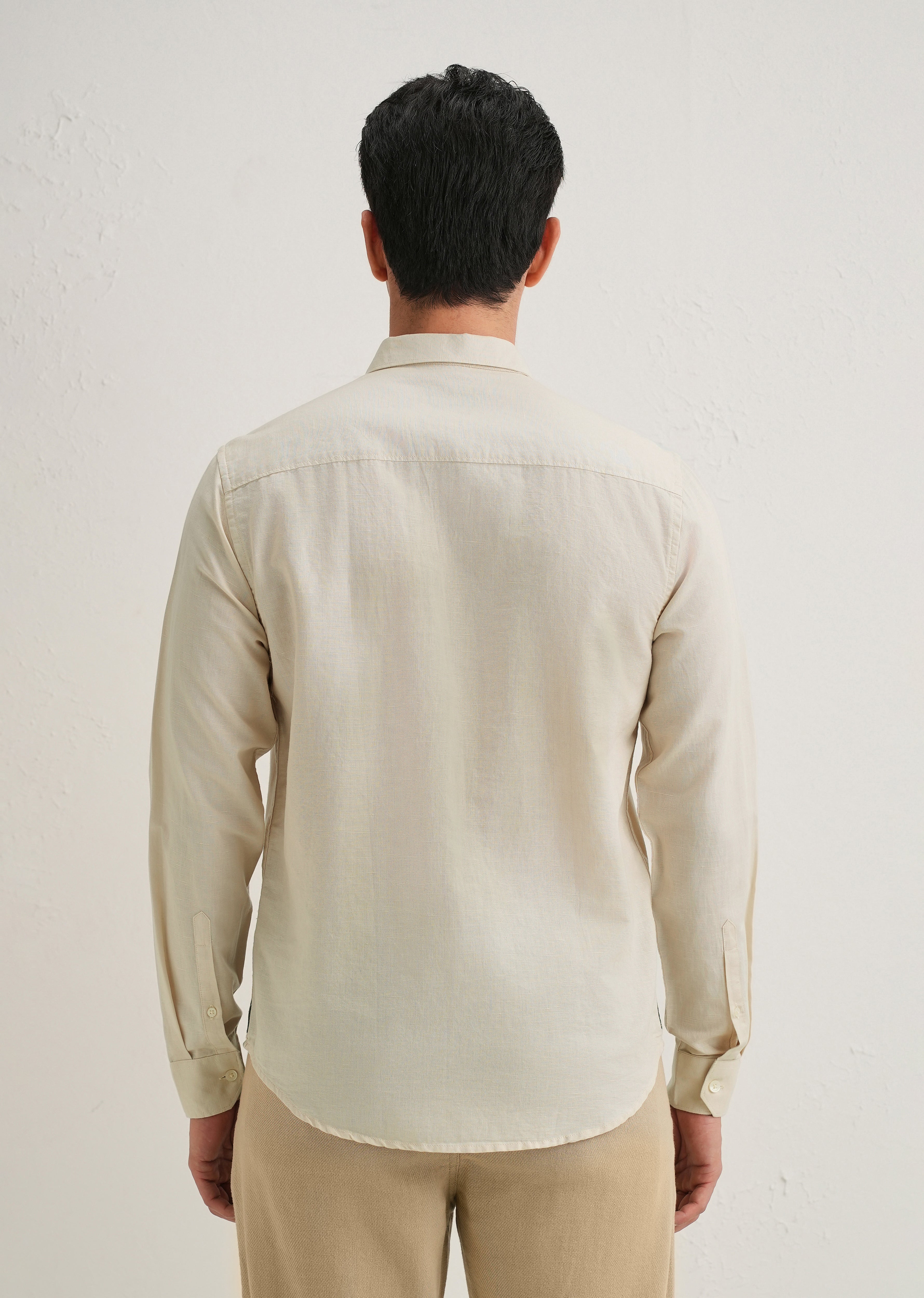 Beige Hem Embroidery Cotton Linen Shirt