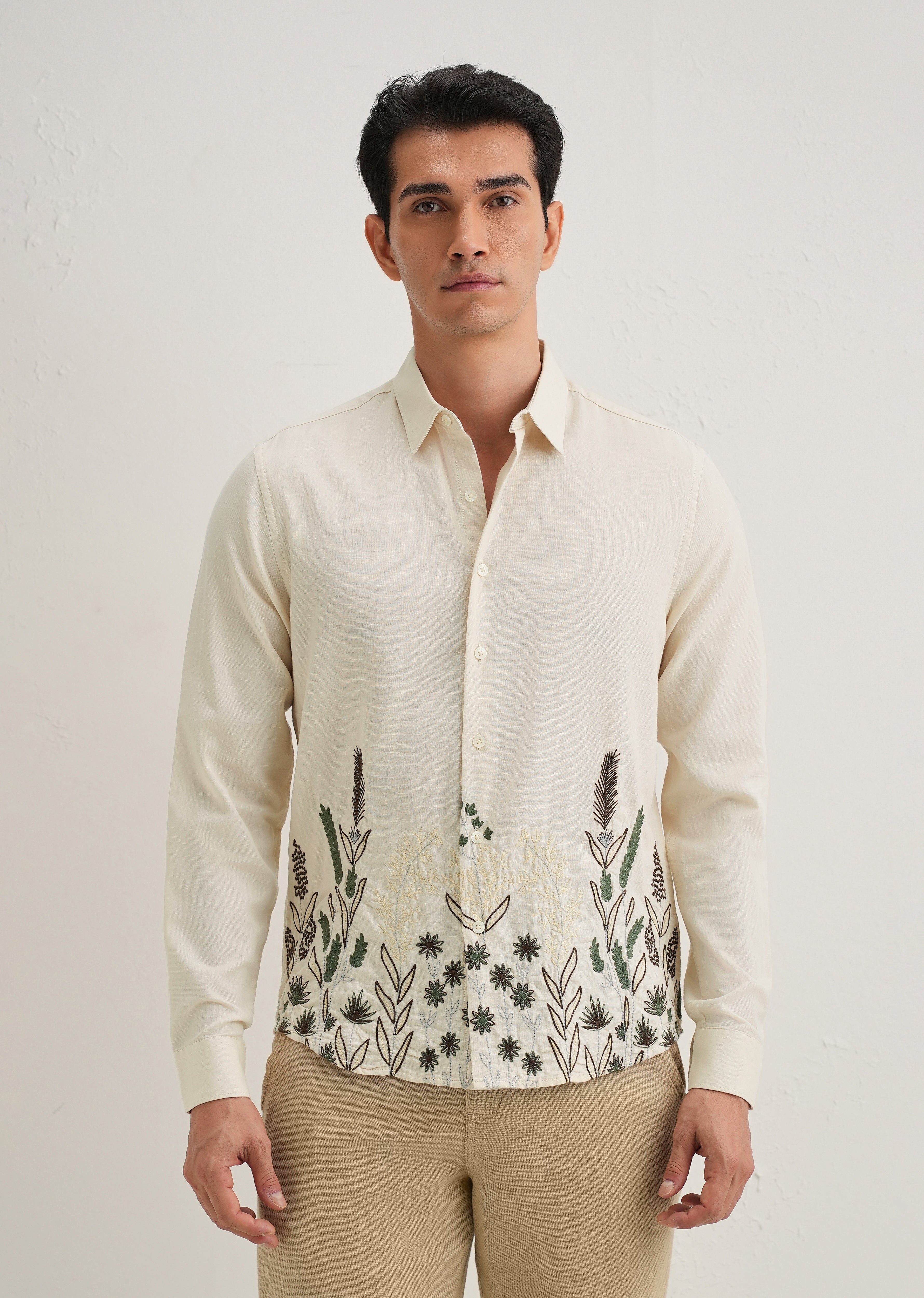 Beige Hem Embroidery Cotton Linen Shirt