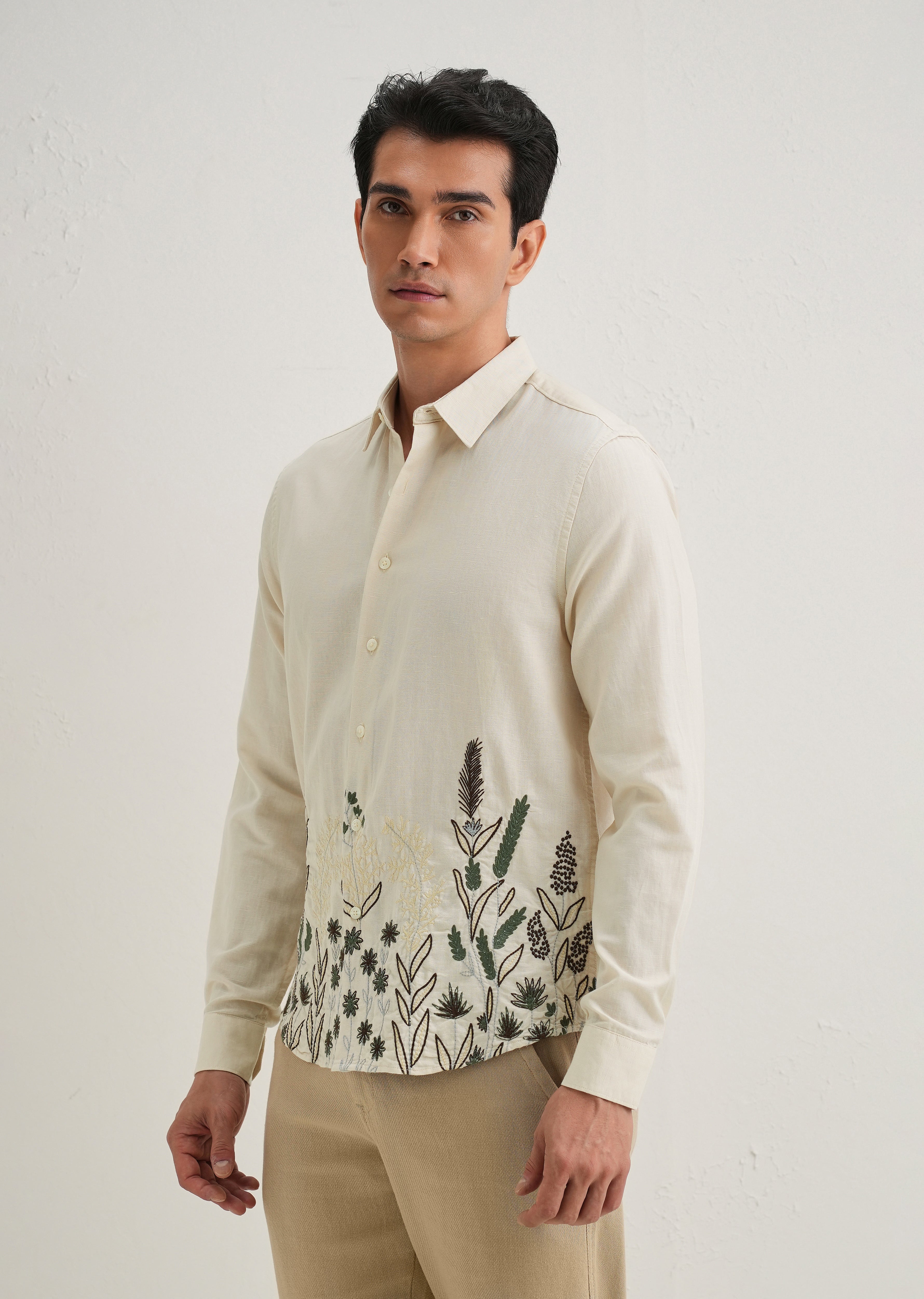 Beige Hem Embroidery Cotton Linen Shirt