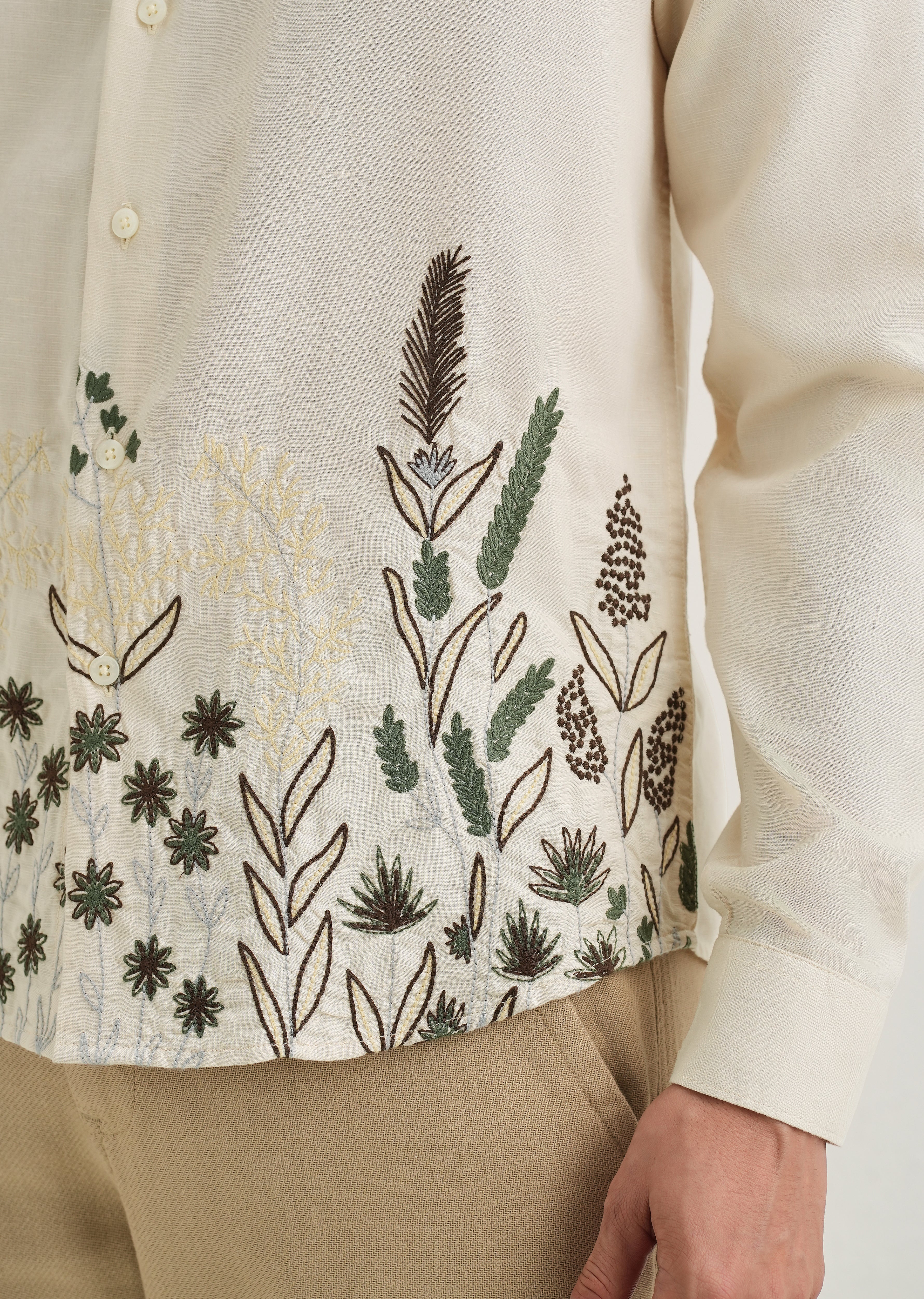 Beige Hem Embroidery Cotton Linen Shirt