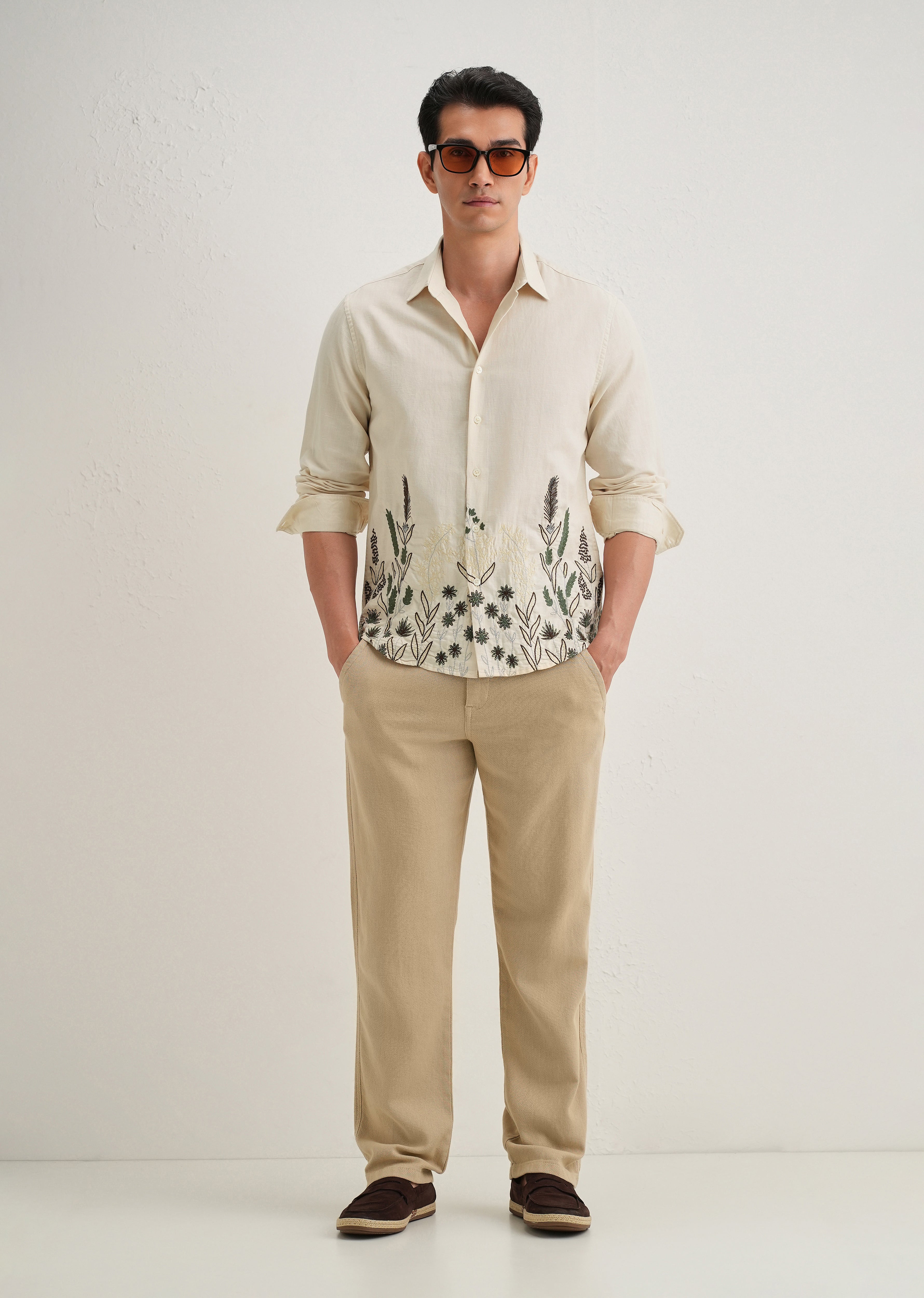 Beige Hem Embroidery Cotton Linen Shirt