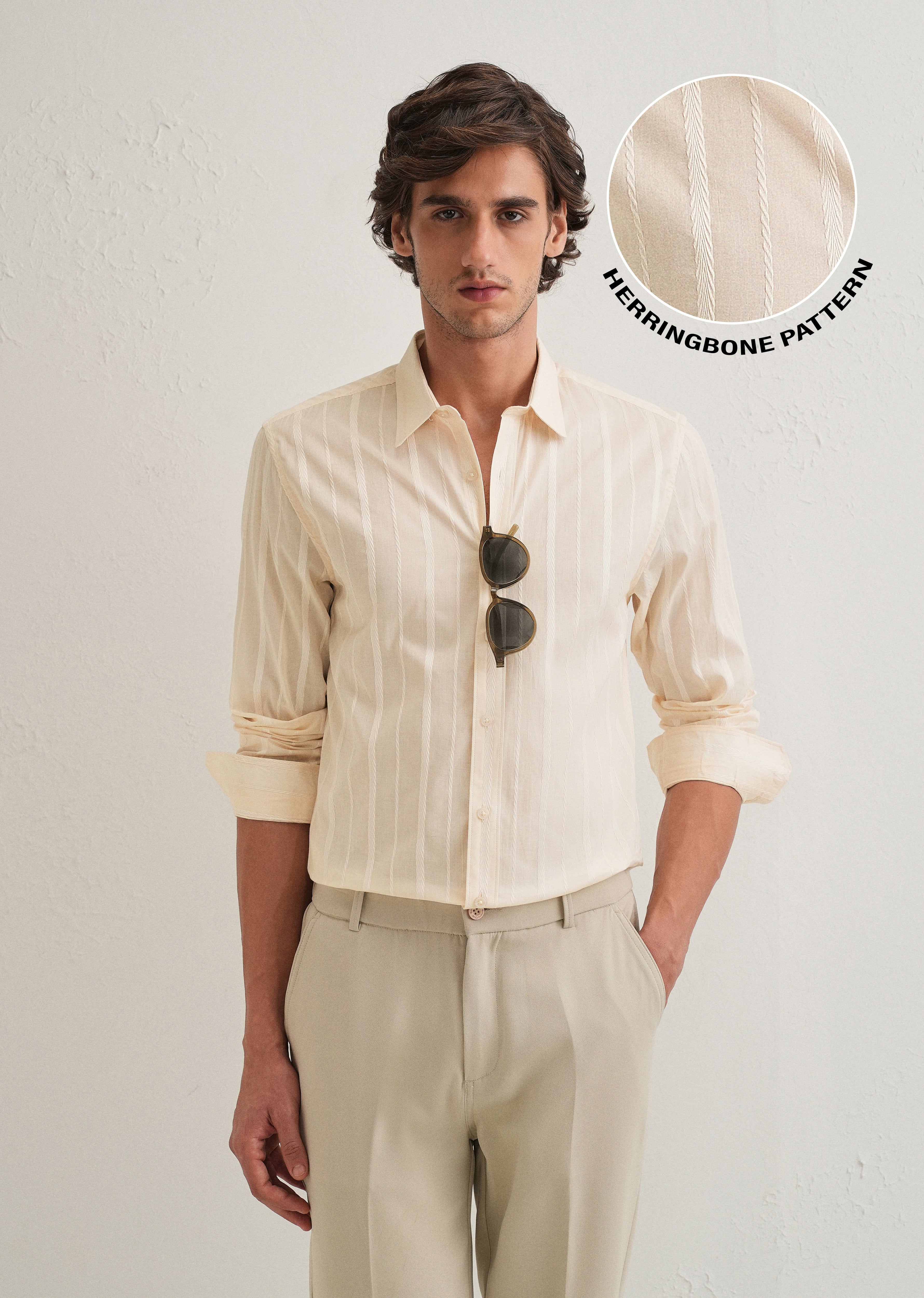 Ivory Beige Herringbone Pattern Shirt