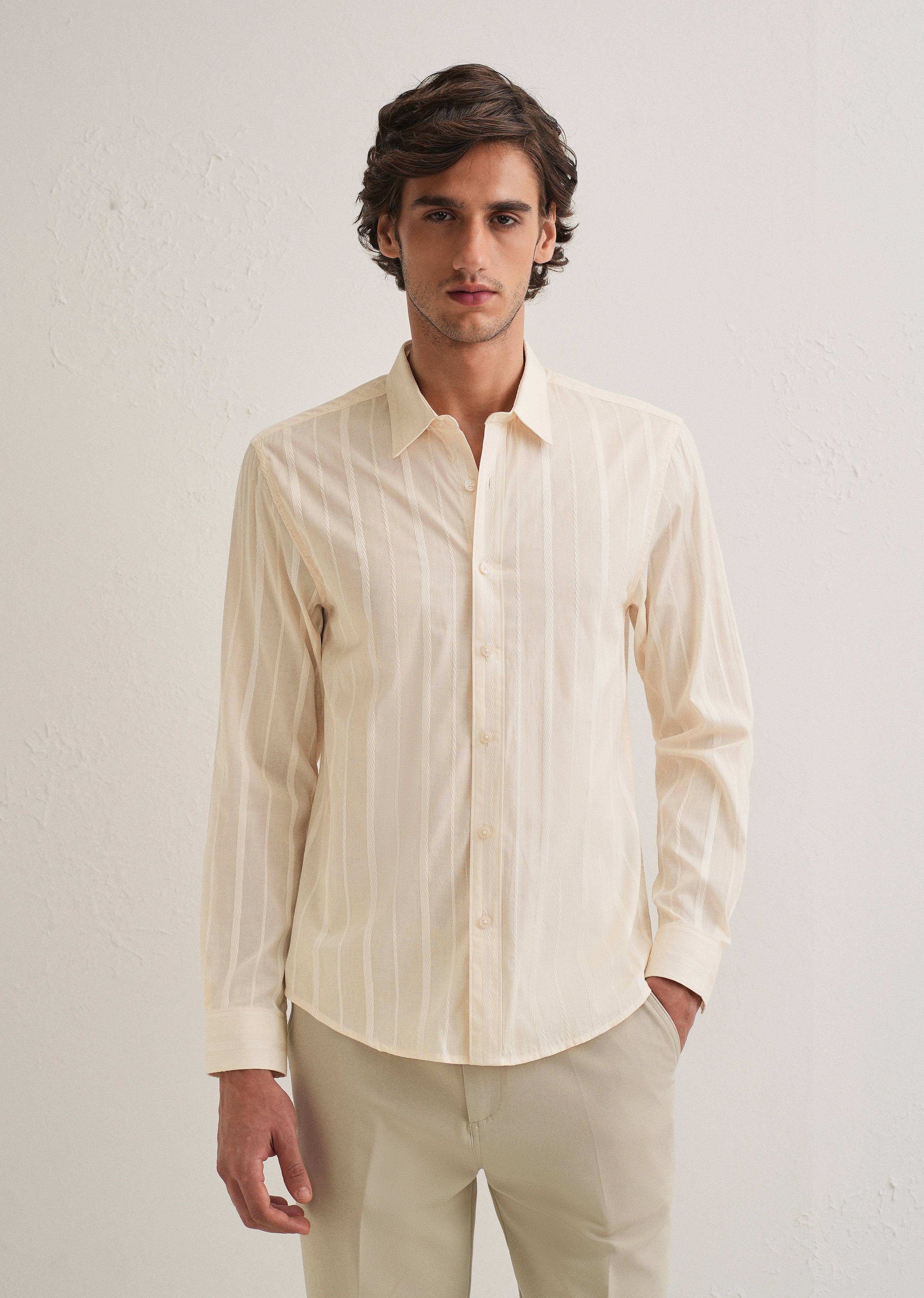 Ivory Beige Herringbone Pattern Shirt