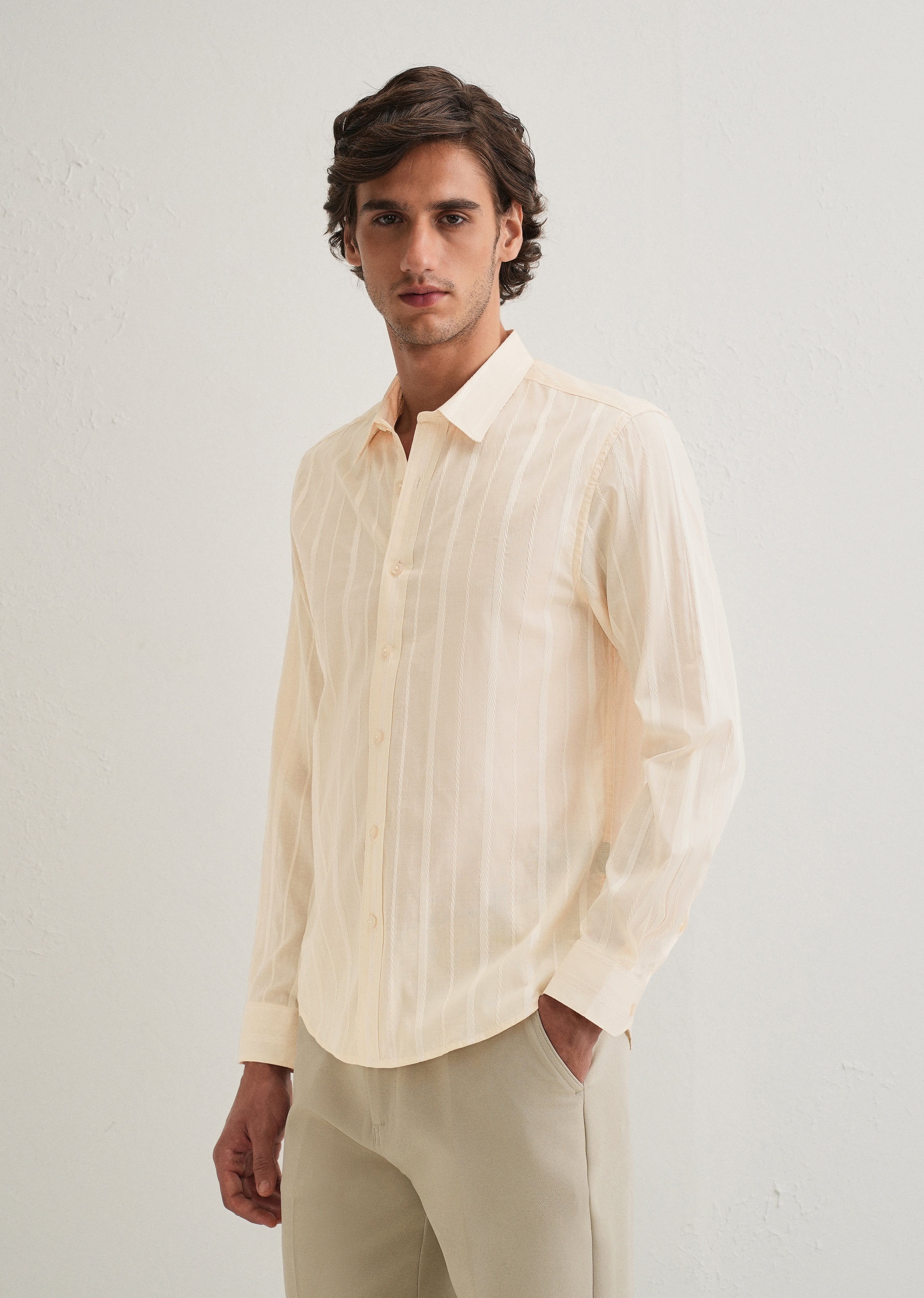 Ivory Beige Herringbone Pattern Shirt