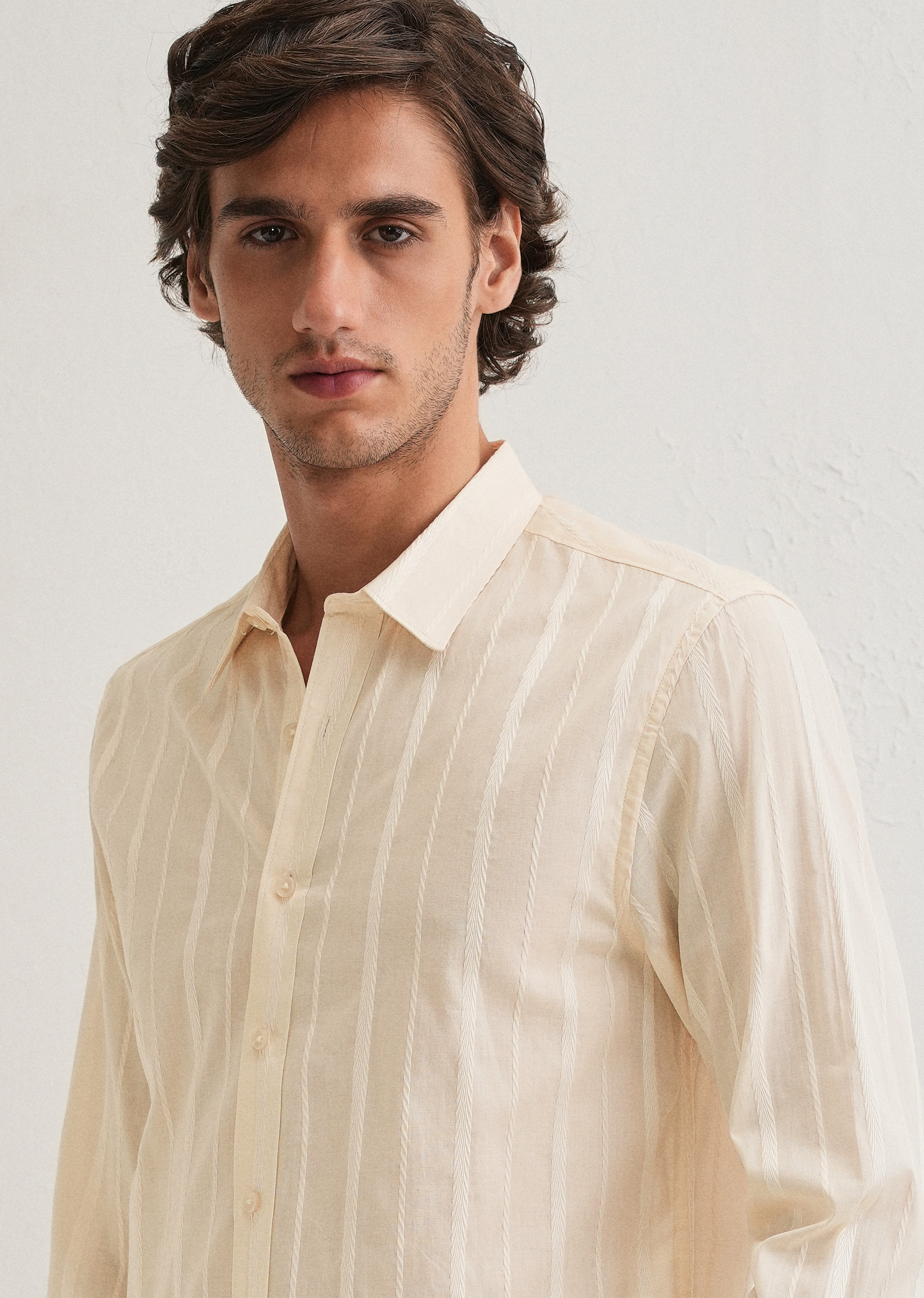 Ivory Beige Herringbone Pattern Shirt