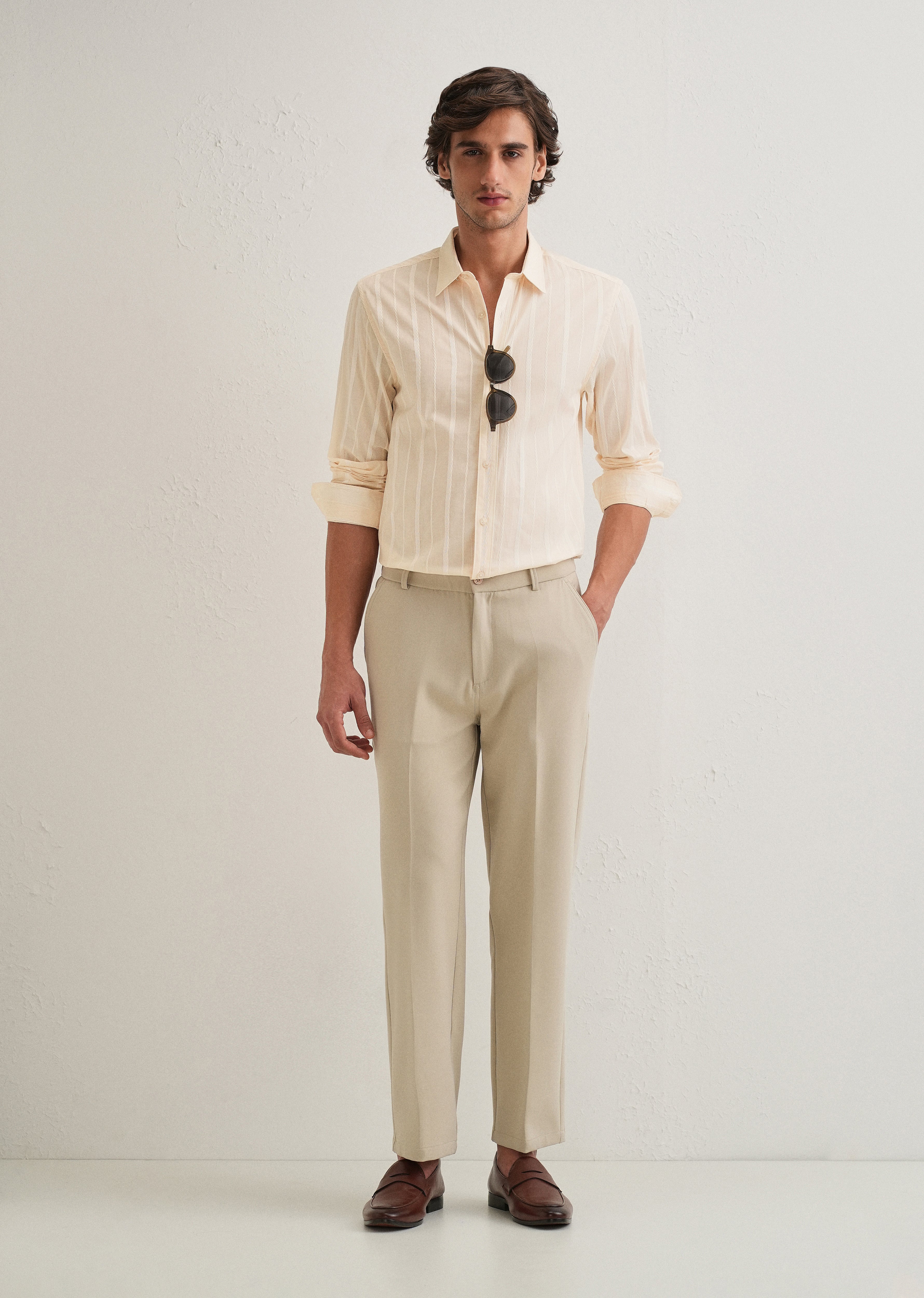 Ivory Beige Herringbone Pattern Shirt