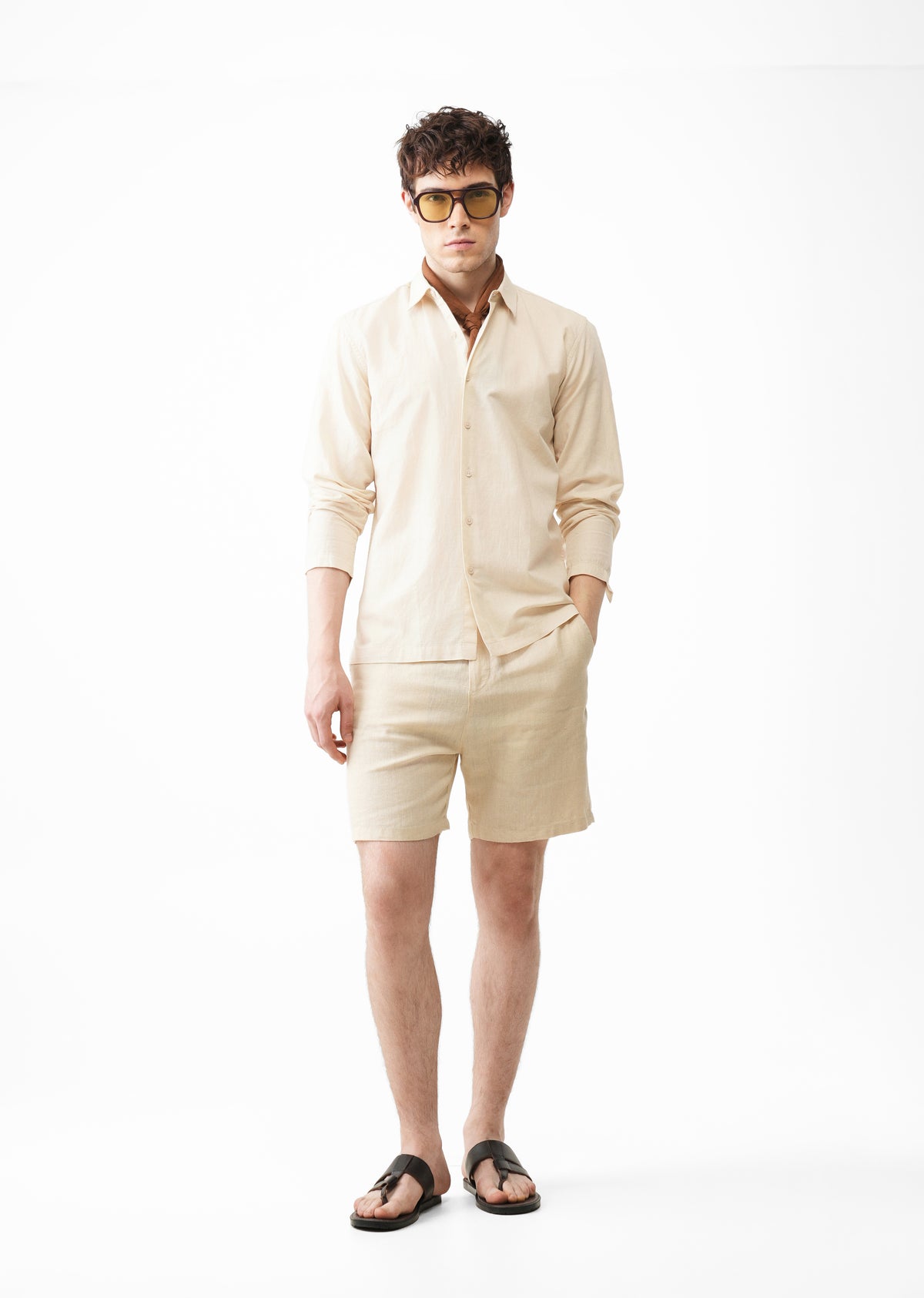 Beige Hidden Sleeve Placket Cotton Linen Shirt
