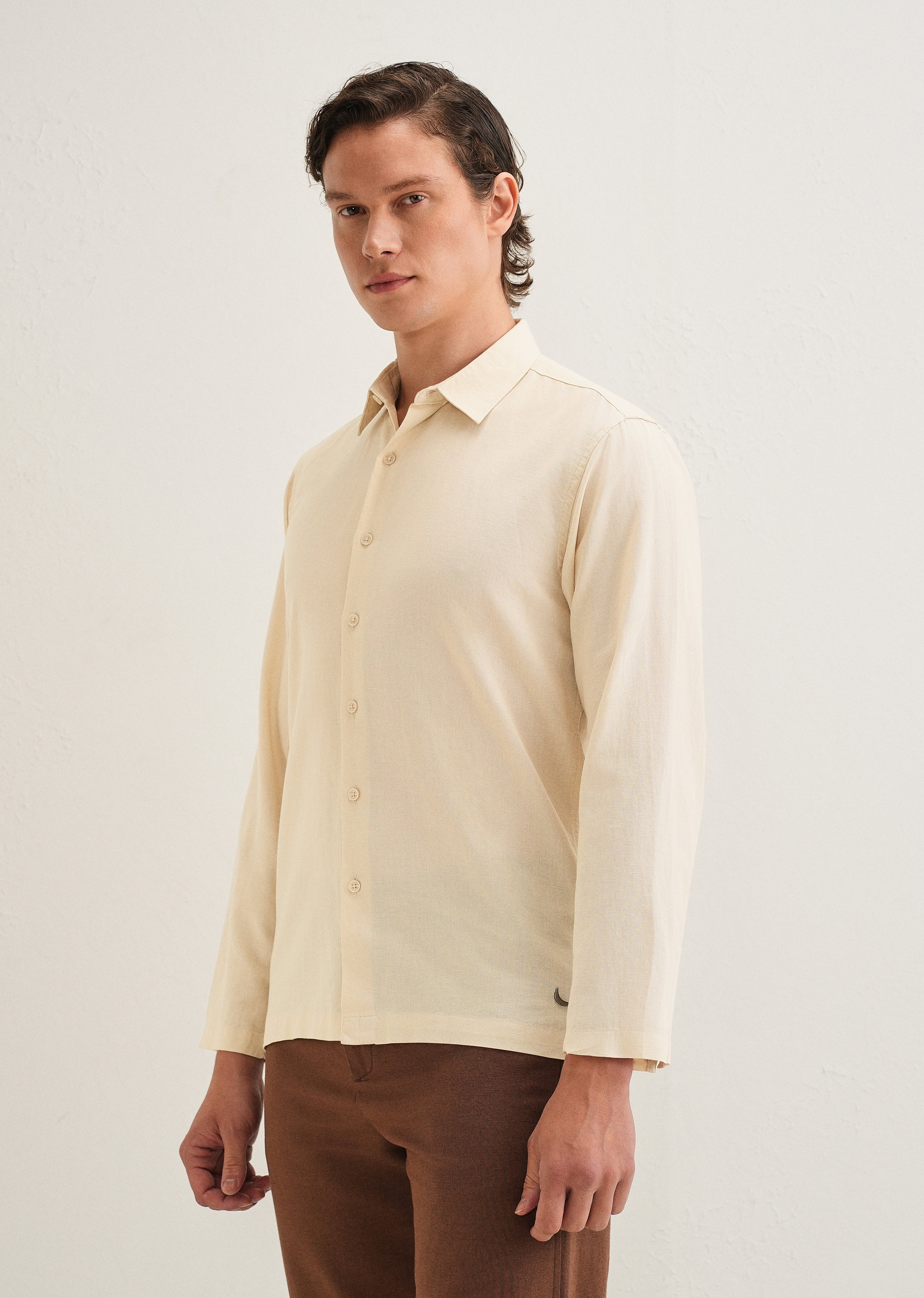 Beige Hidden Sleeve Placket Cotton Linen Shirt
