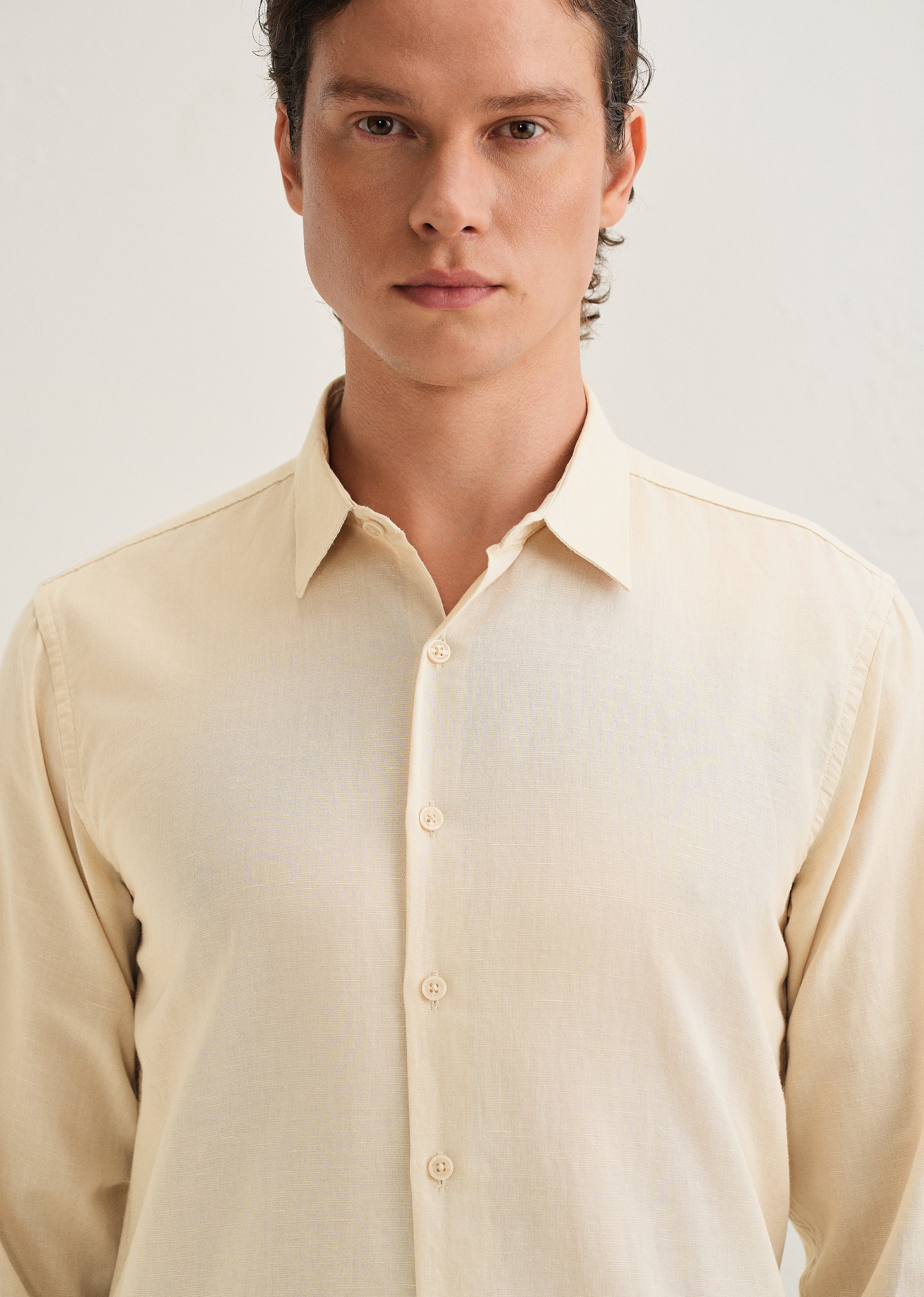 Beige Hidden Sleeve Placket Cotton Linen Shirt