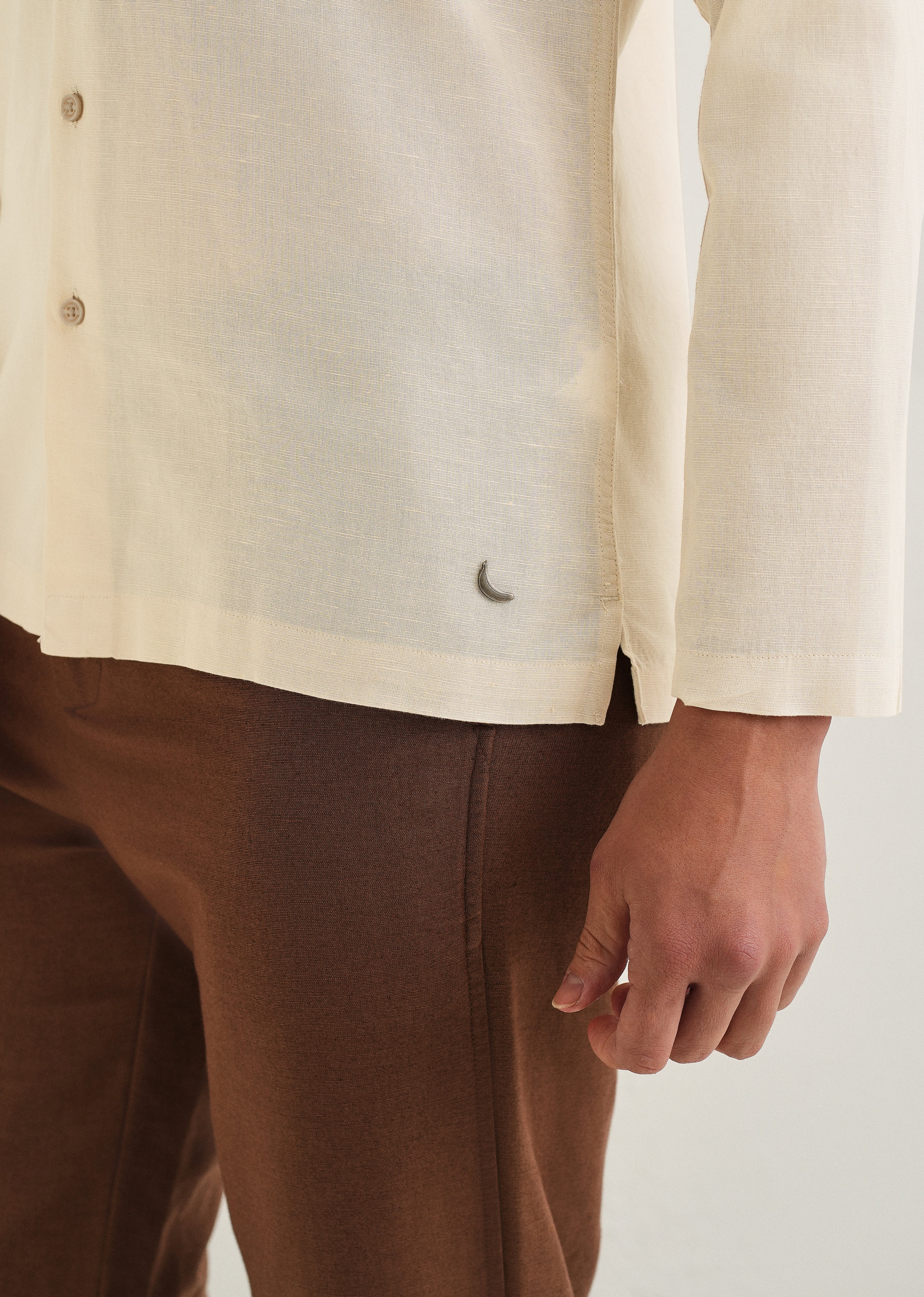 Beige Hidden Sleeve Placket Cotton Linen Shirt