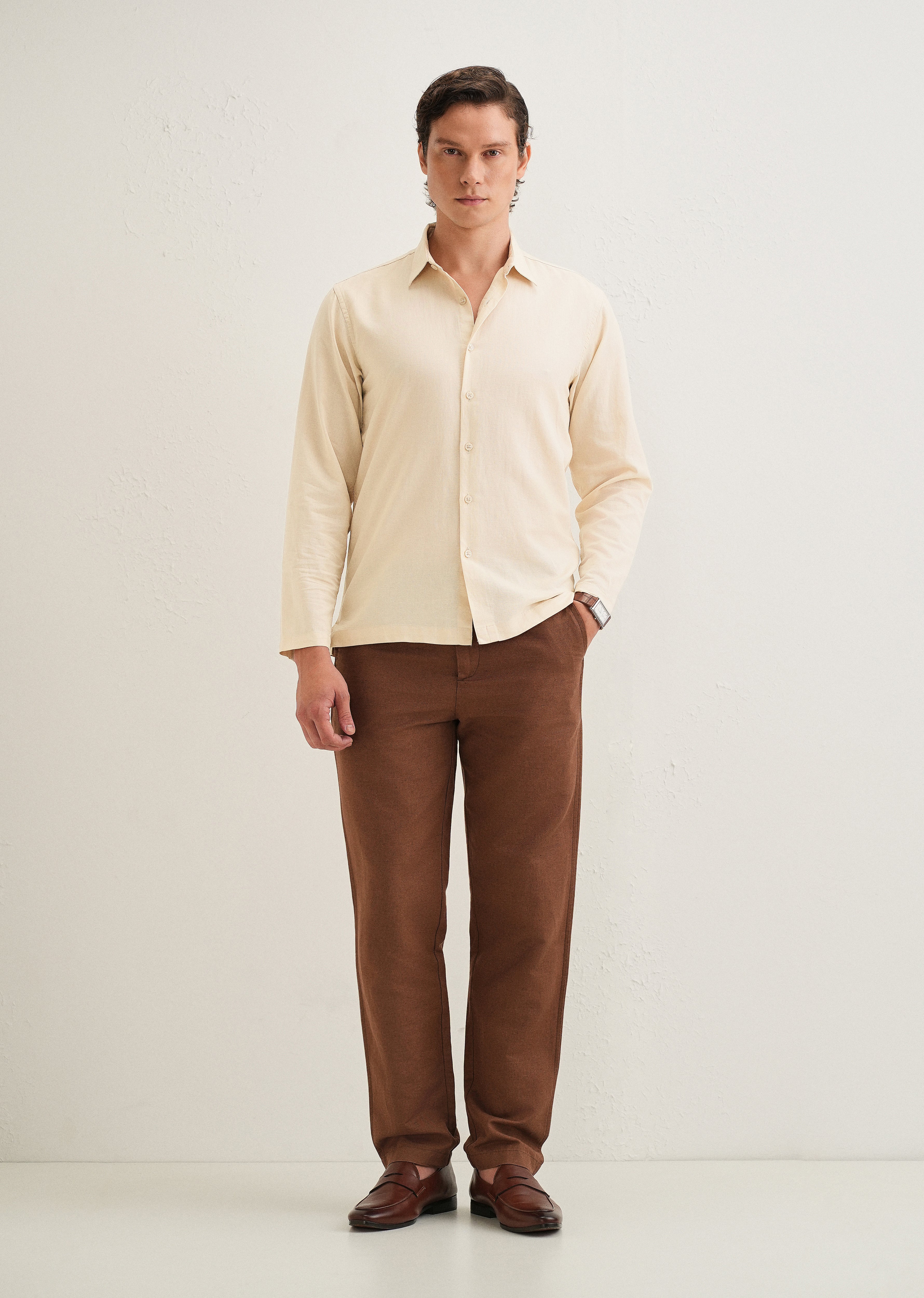 Beige Hidden Sleeve Placket Cotton Linen Shirt