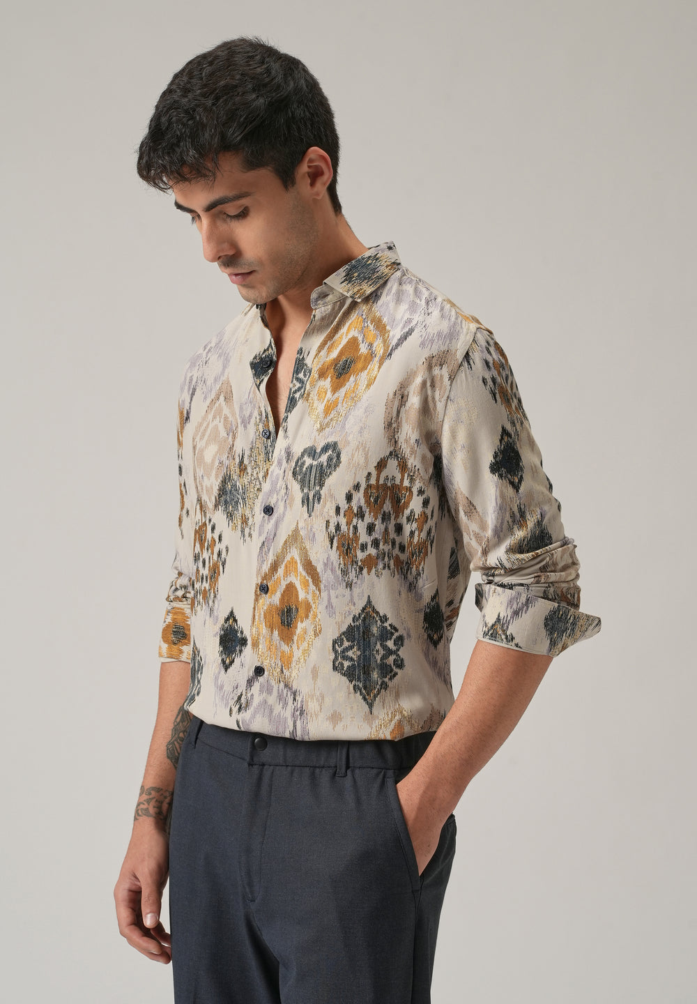 Beige Ikat Motif Print Feather Shirt