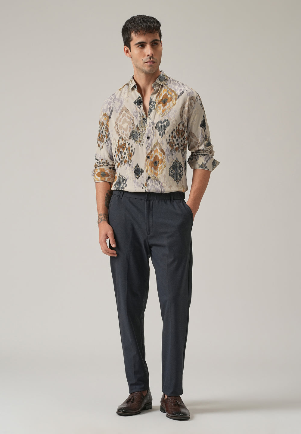 Beige Ikat Motif Print Feather Shirt