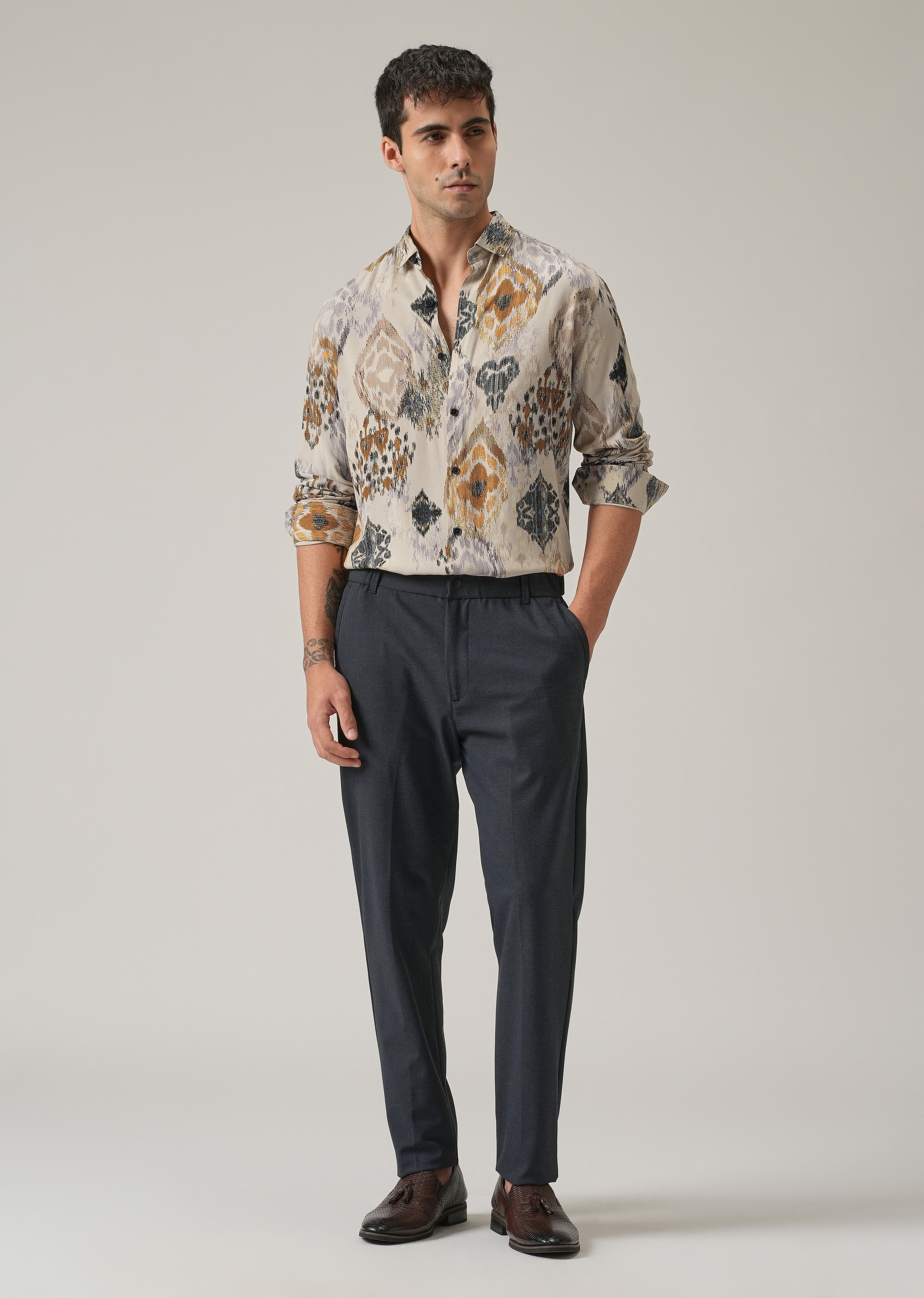 Beige Ikat Motif Print Feather Shirt