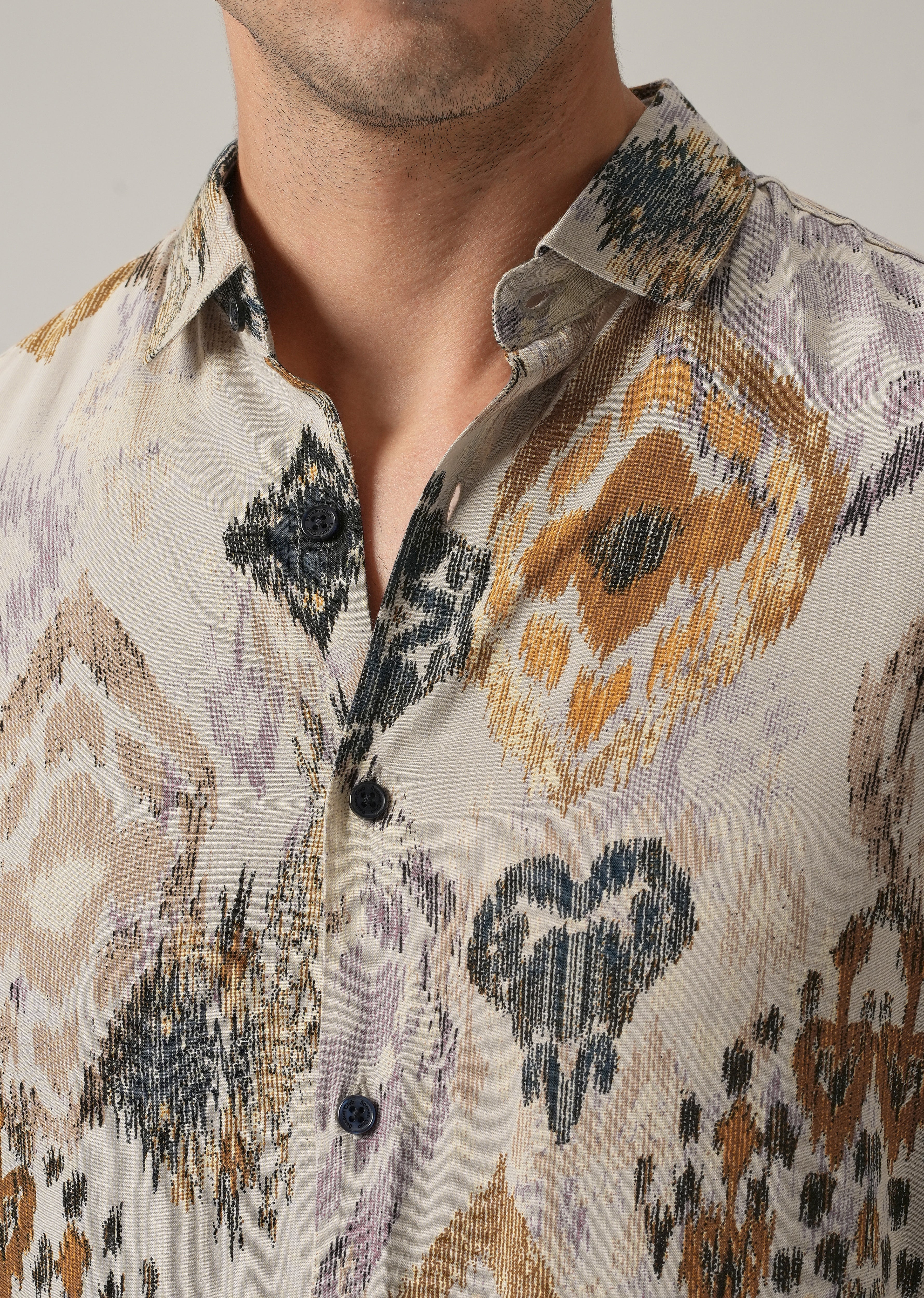 Beige Ikat Motif Print Feather Shirt