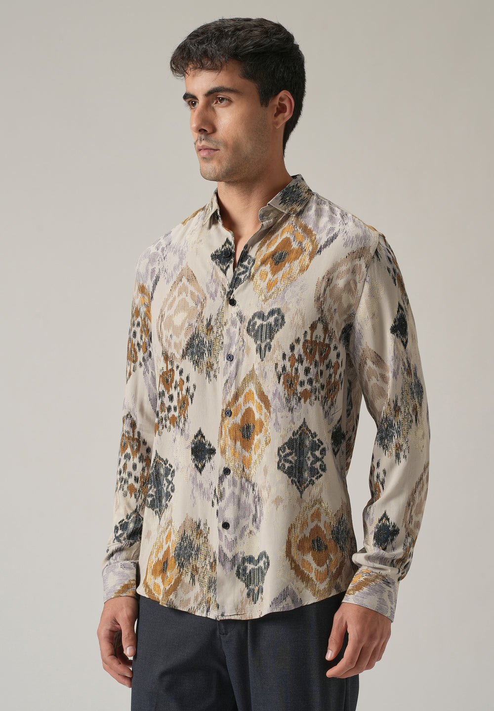 Beige Ikat Motif Print Feather Shirt