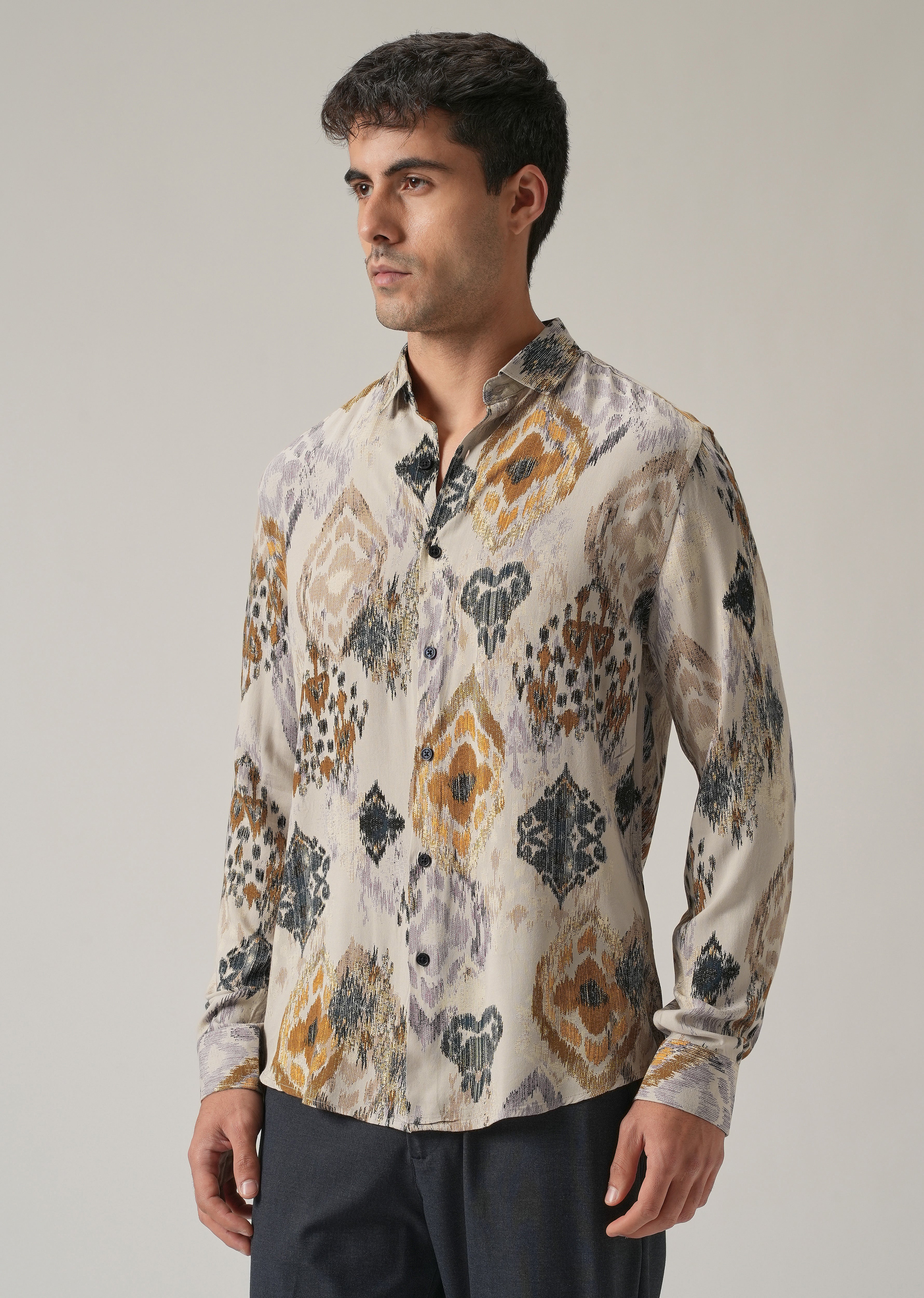 Beige Ikat Motif Print Feather Shirt