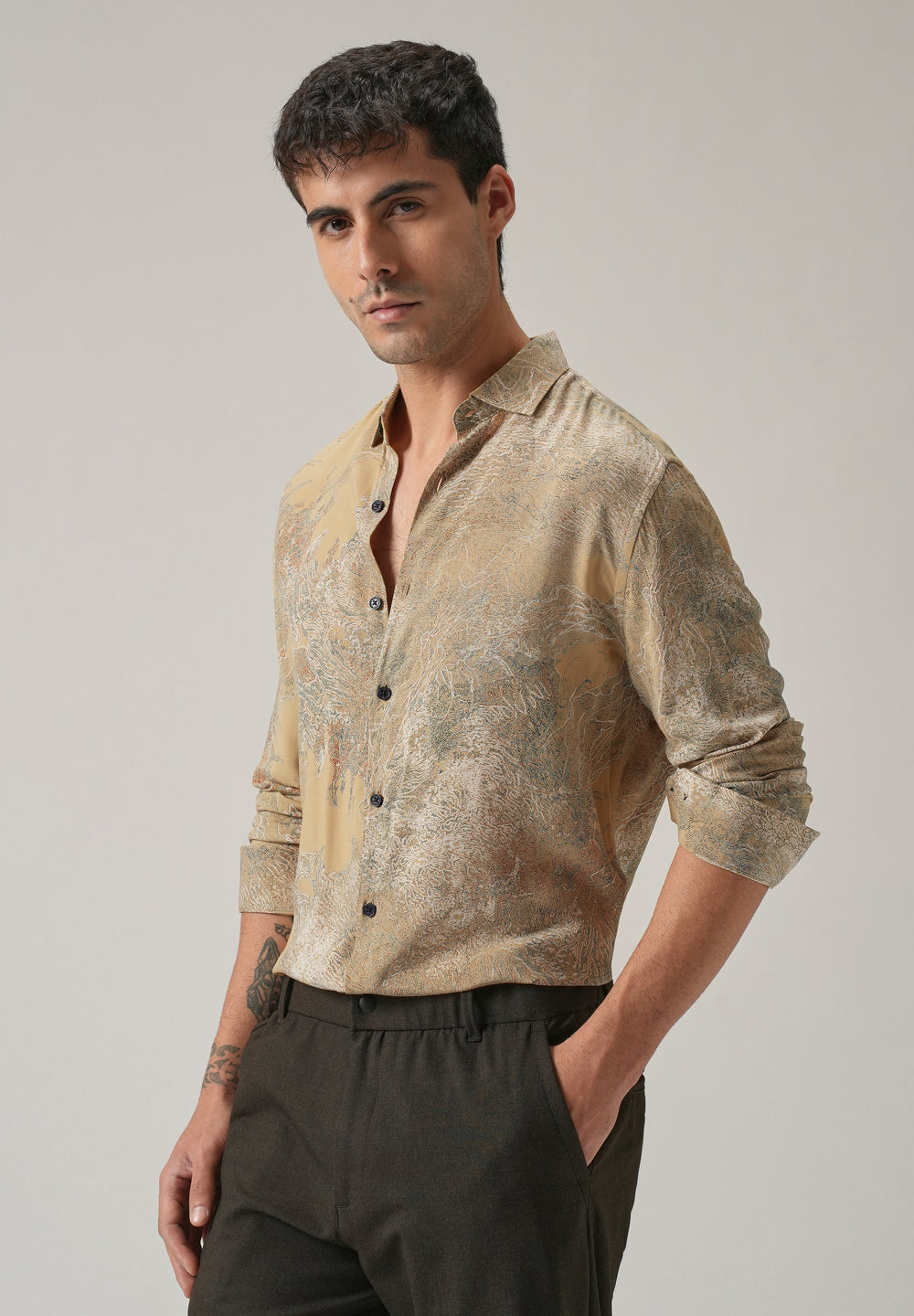 Beige Intricate Print Feather Shirt