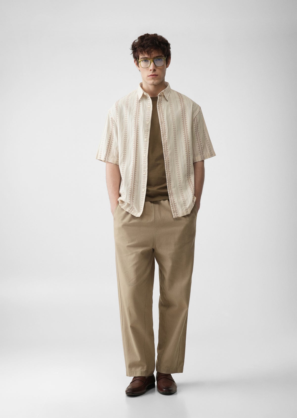 Beige Jacquard Stripe Cotton Shirt