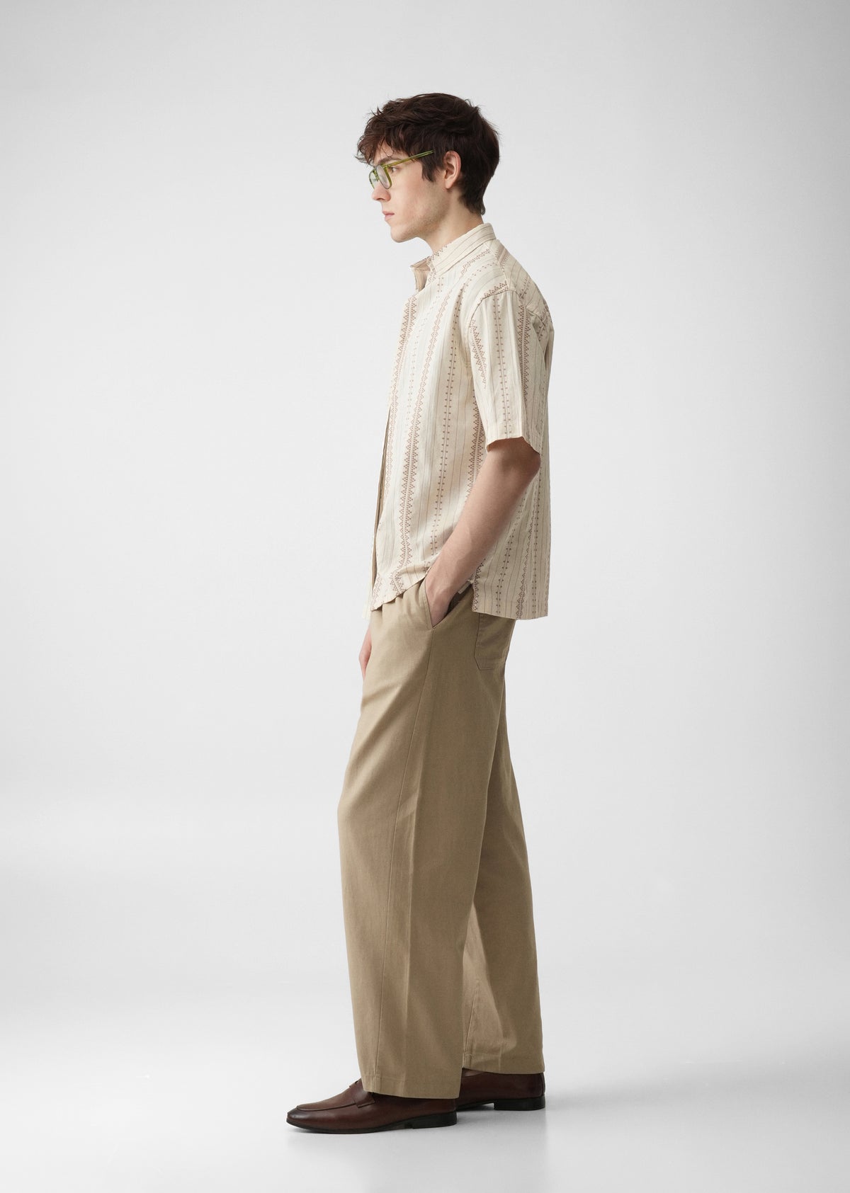 Beige Jacquard Stripe Cotton Shirt