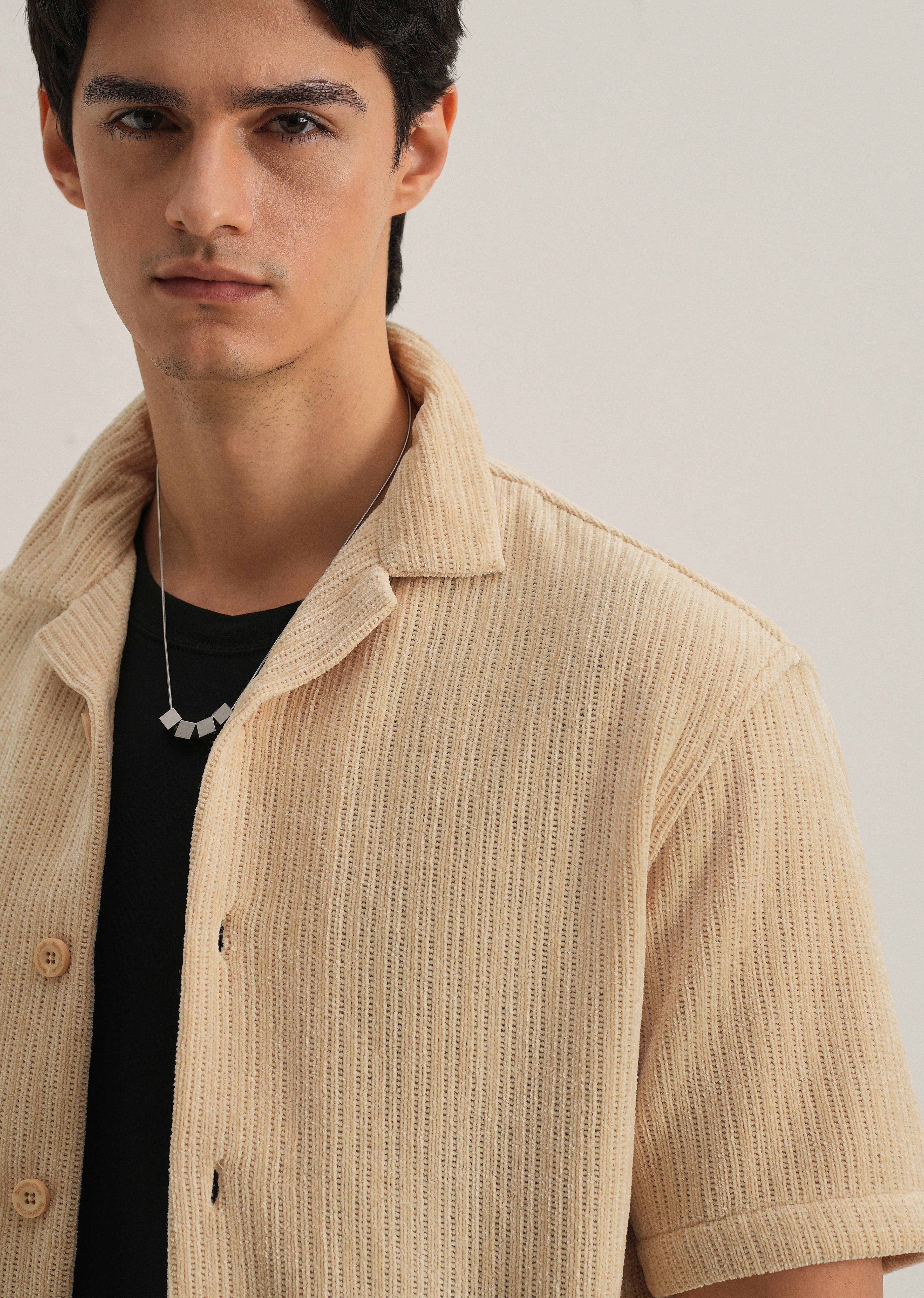 Beige Suede Knit Cuban Collar Shirt