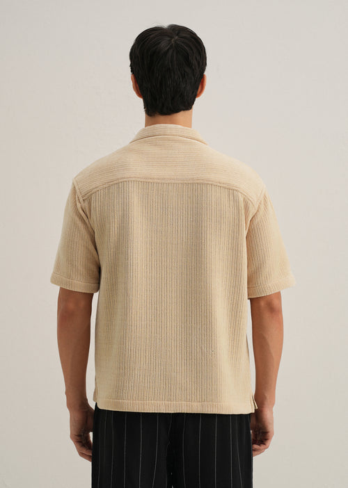 Beige Suede Knit Cuban Collar Shirt