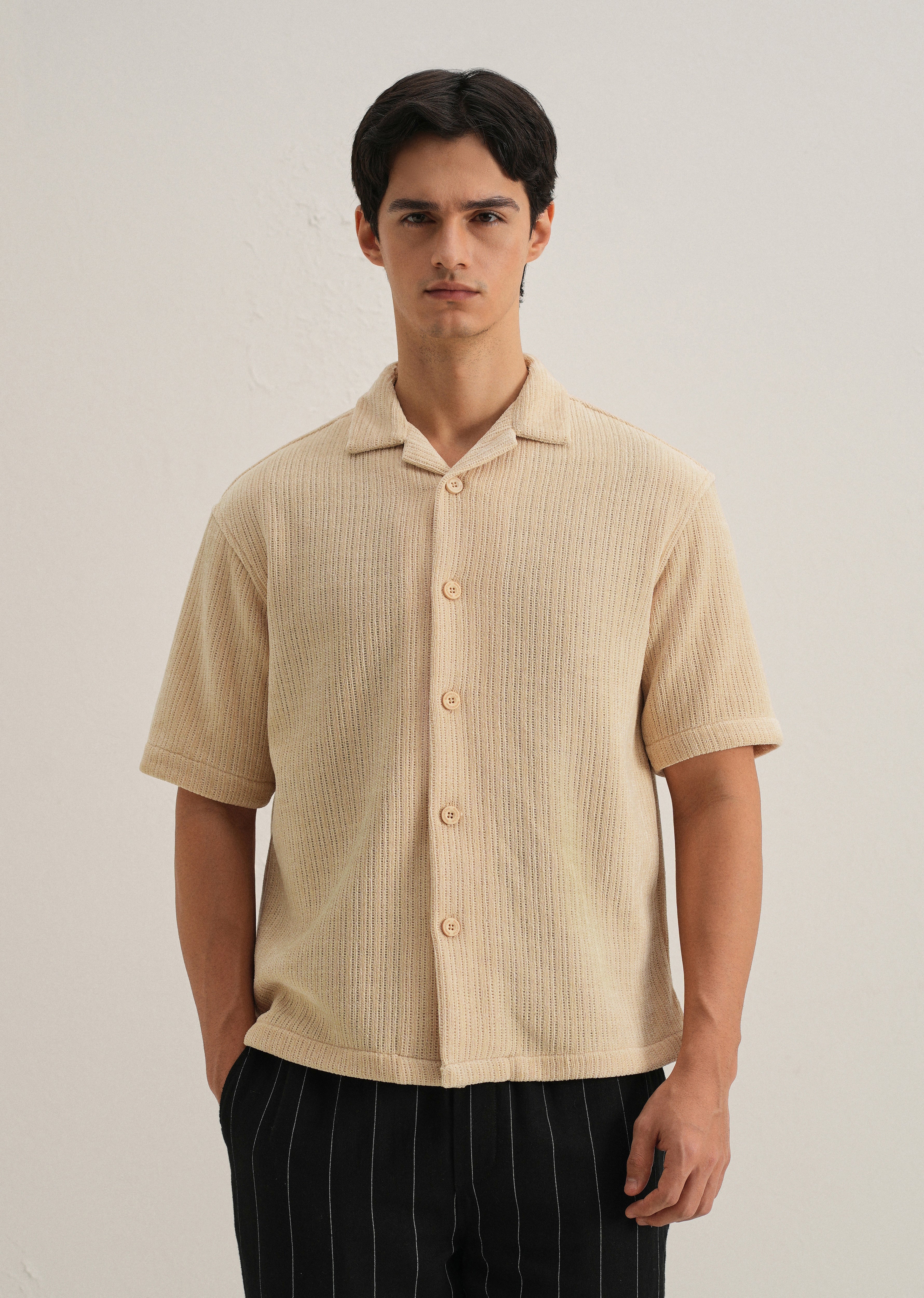Beige Suede Knit Cuban Collar Shirt