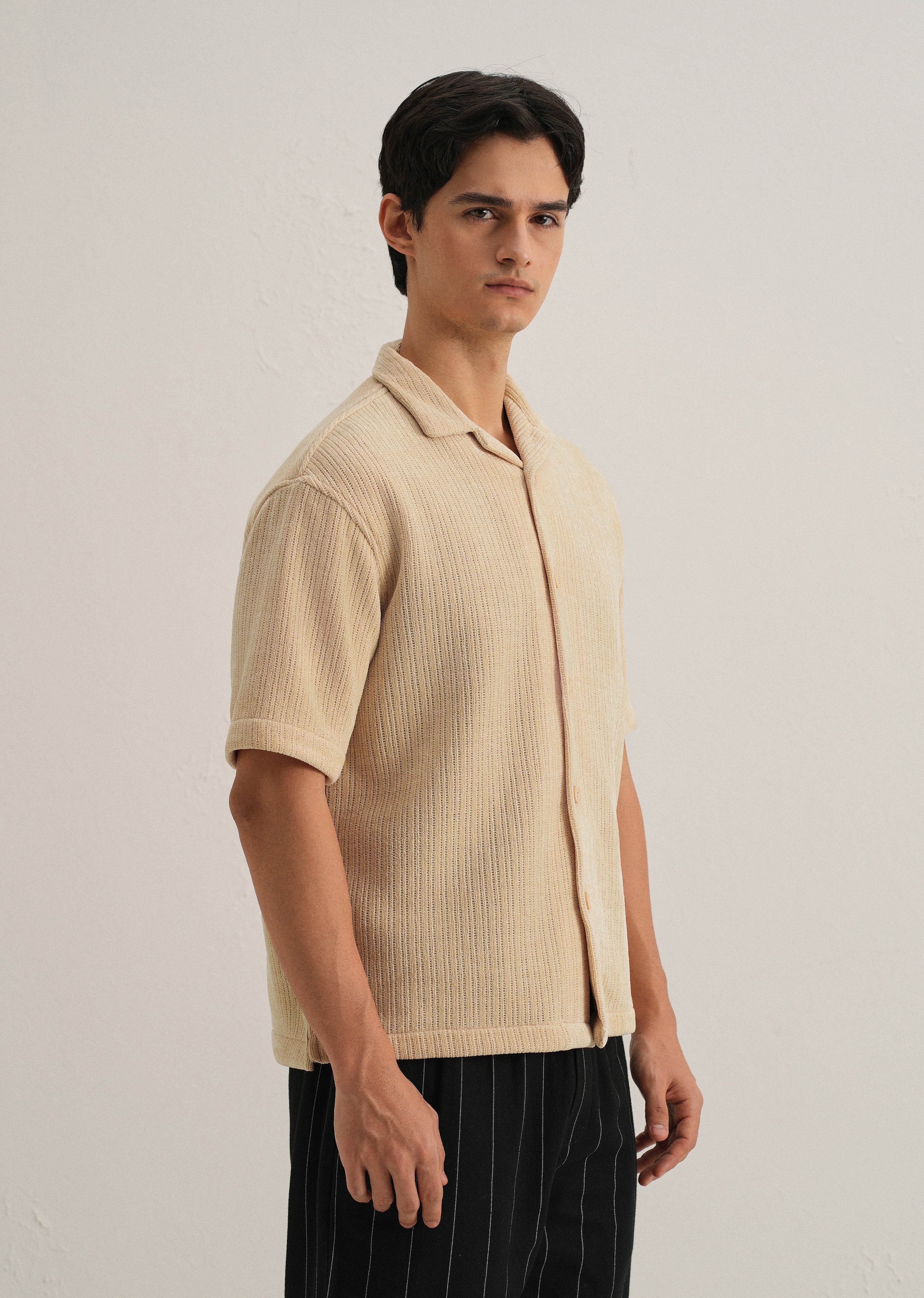 Beige Suede Knit Cuban Collar Shirt