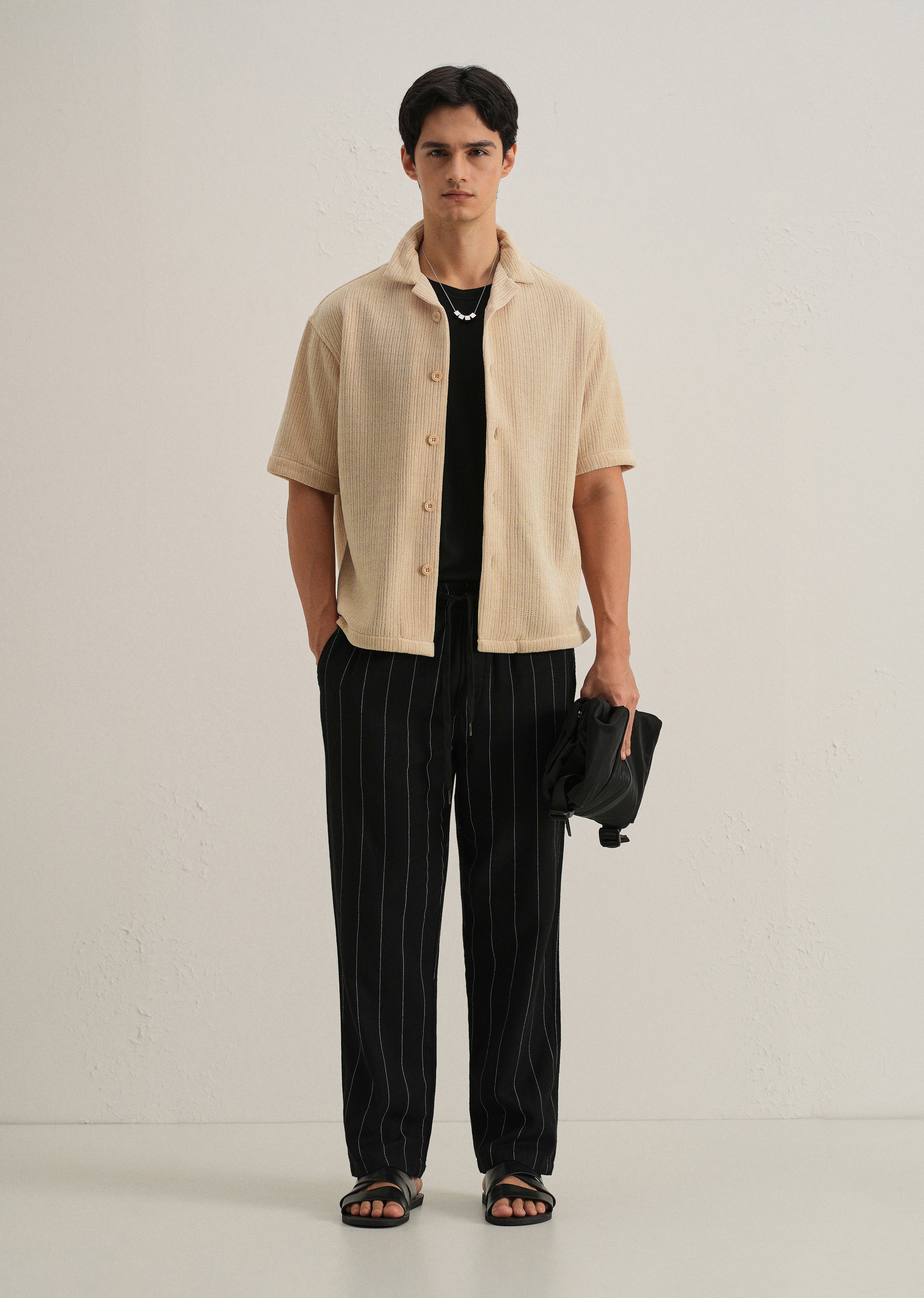 Beige Suede Knit Cuban Collar Shirt