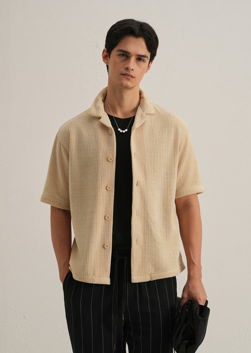 Beige Suede Knit Cuban Collar Shirt