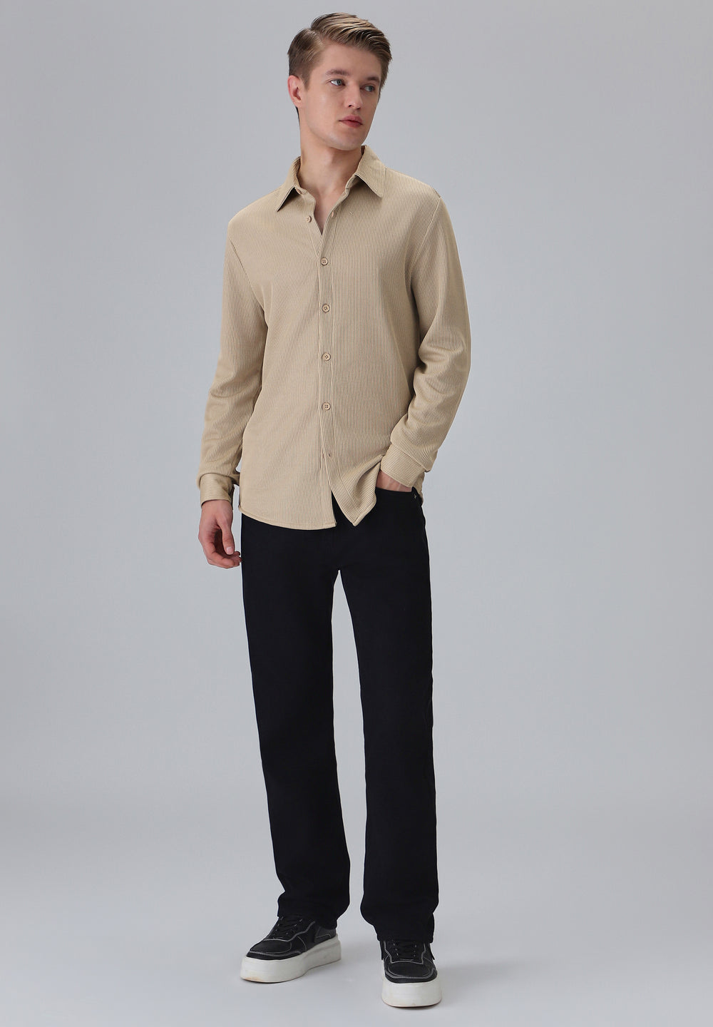Beige Plain Knitted Shirt