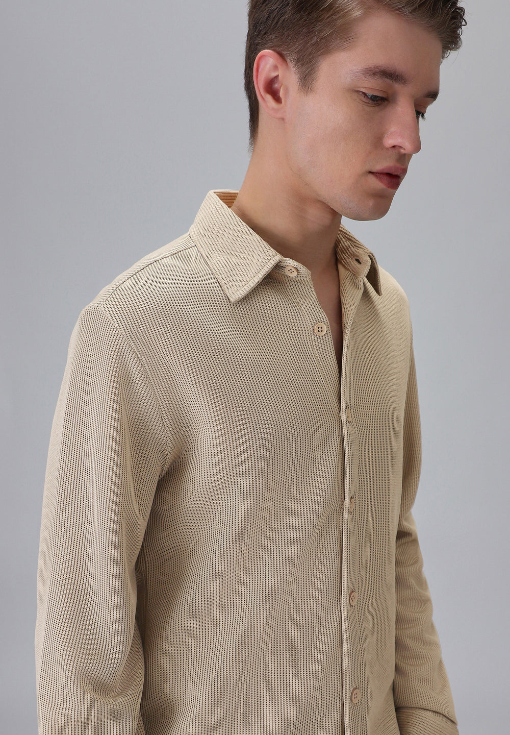 Beige Plain Knitted Shirt