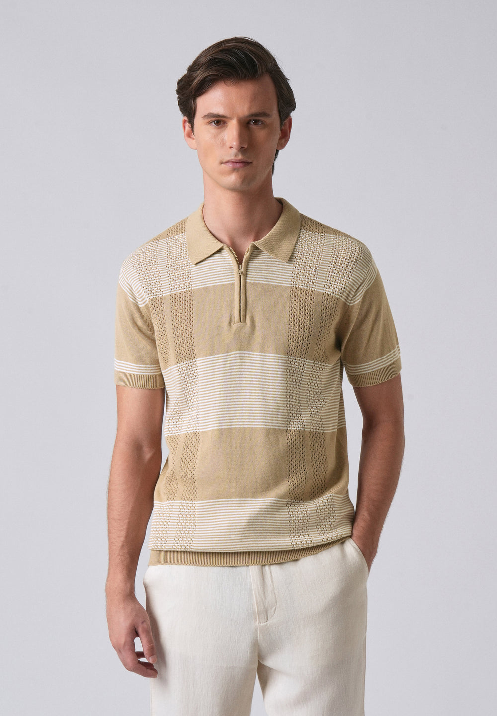 Beige Knitted Polo Zipper T-shirt