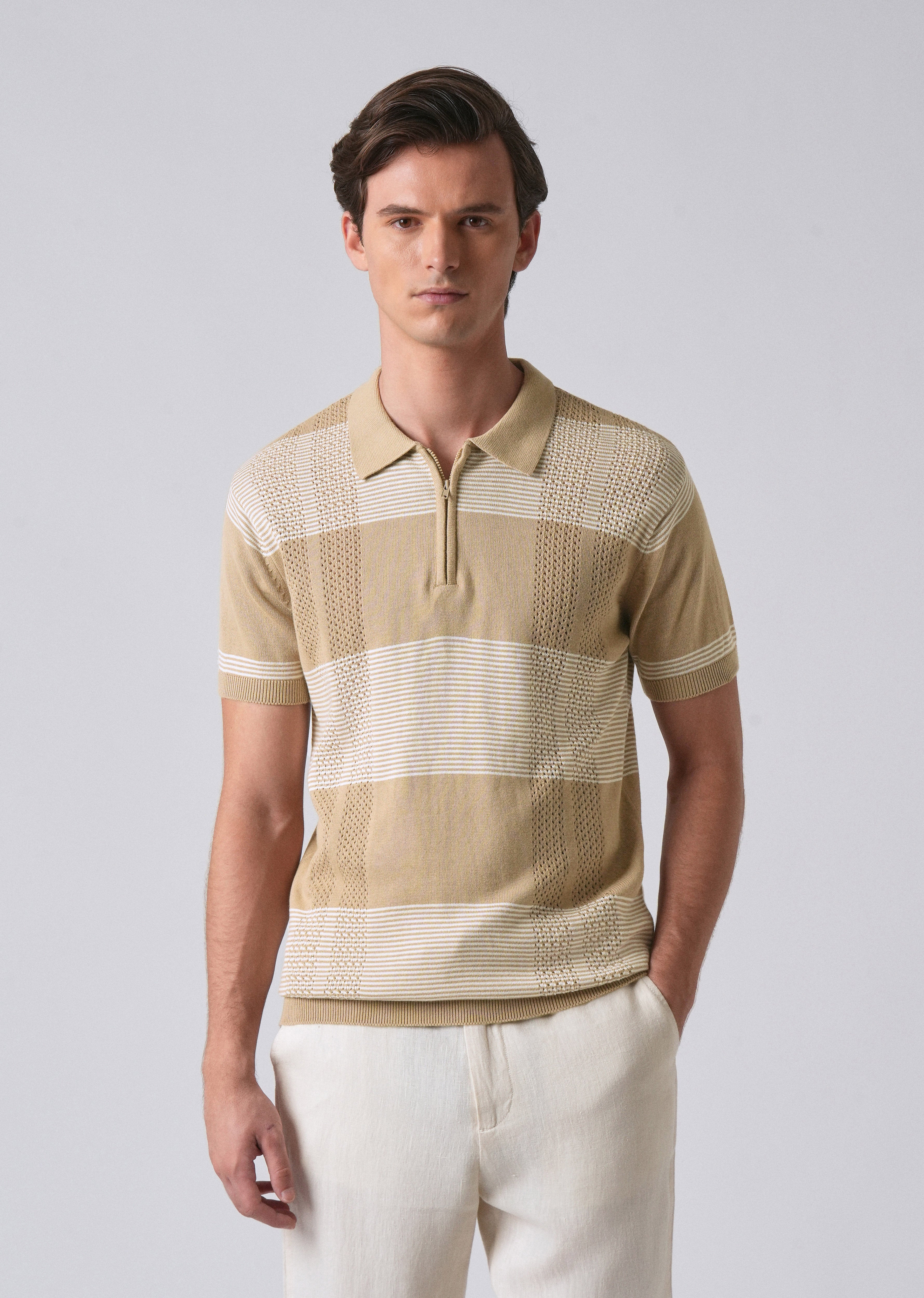 Beige Knitted Polo Zipper T-shirt